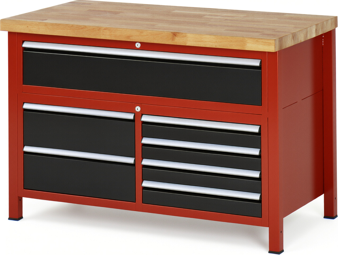 Werkbank Modell 8921 rot - schwarz, BxTxH 1250x700x840 mm,  Buche-Massiv Arbeitsplatte 40 mm,  7 Schubladen mit  Vollauszug 100 % und  SoftClosing