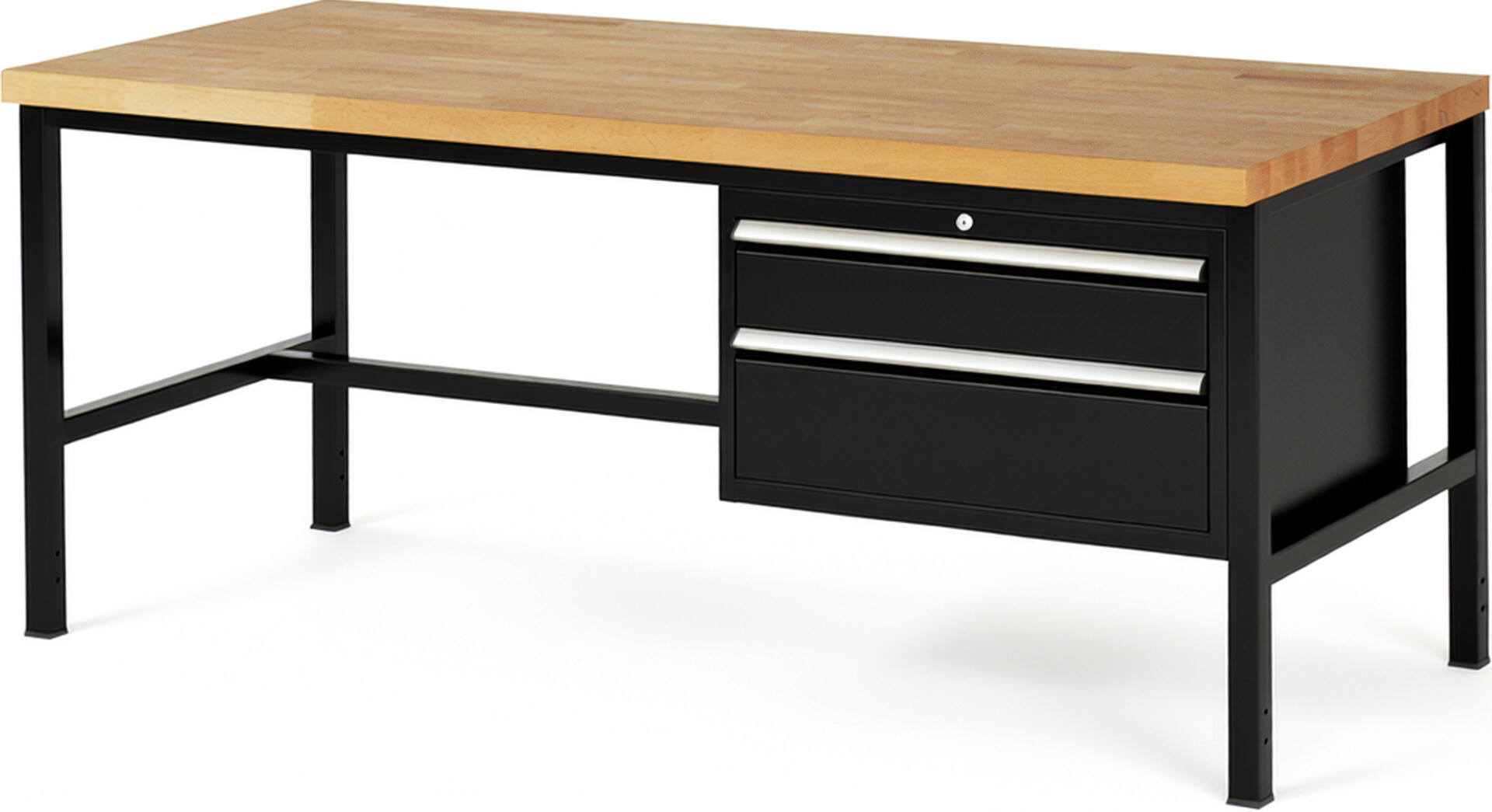 Werkbank Modell 8223 schwarz, BxTxH 2000x900x840-1040 mm,  Buche-Massiv Arbeitsplatte 40 mm,  2 Schubladen mit  Auszug 90 %