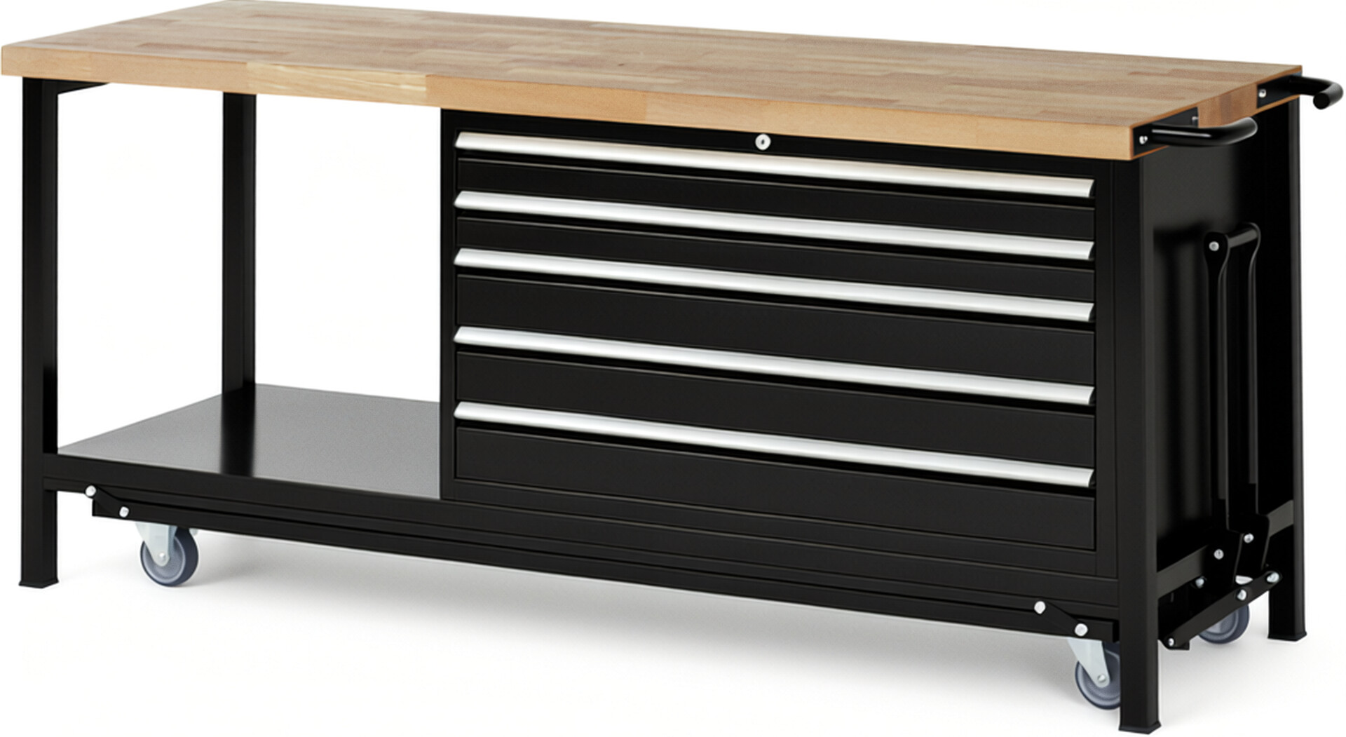 Absenkbare Werkbank Modell 8371 schwarz, BxTxH 2000x700x880 mm,  Buche-Massiv Arbeitsplatte 40 mm,  5 Schubladen mit  Vollauszug 100 % und  SoftClosing