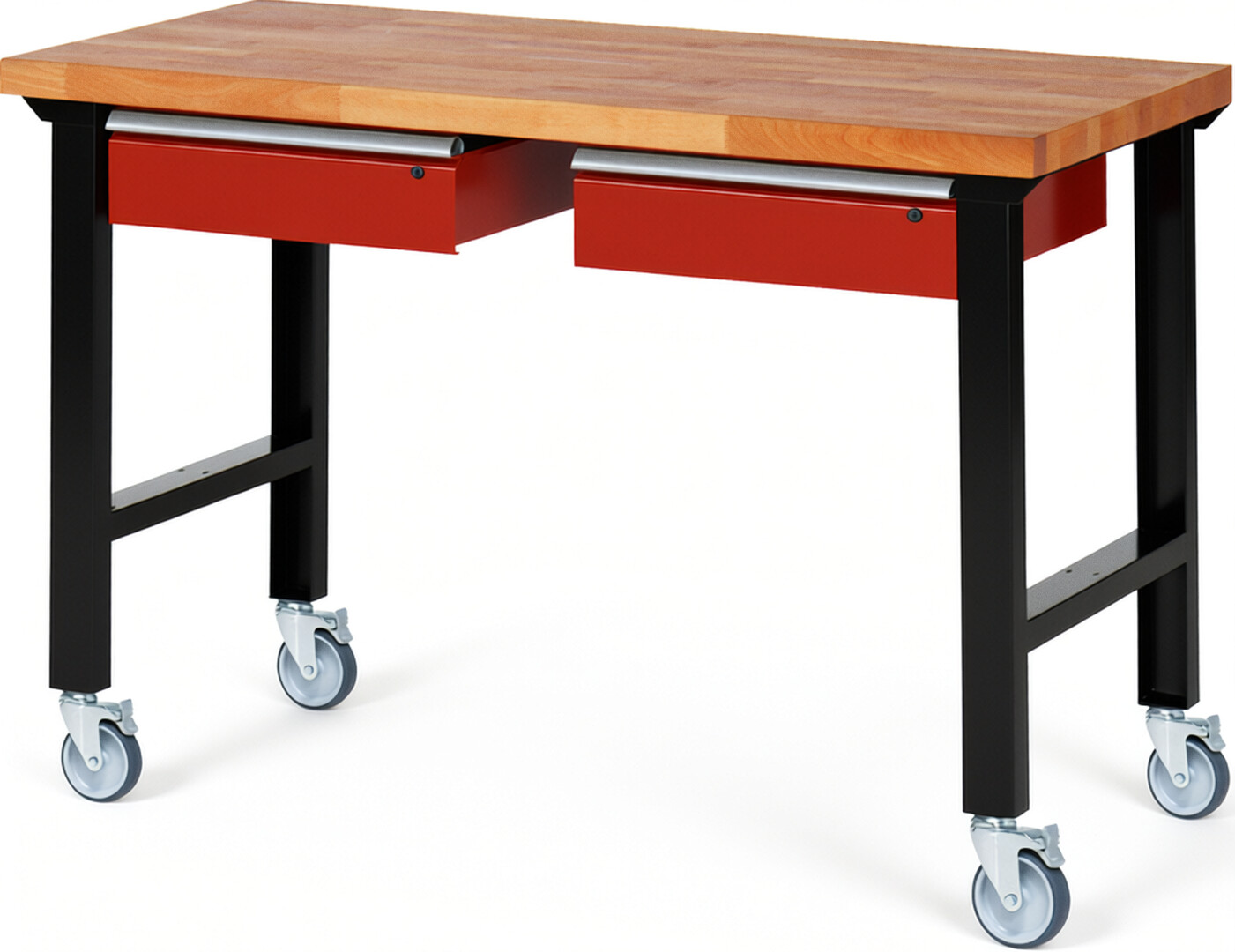 Fahrbare Werkbank Modell 7002 schwarz-rot, BxTxH 1500x700x1000 mm,  Buche-Massiv Arbeitsplatte 40 mm,  2 Schubladen mit  Auszug 90 %