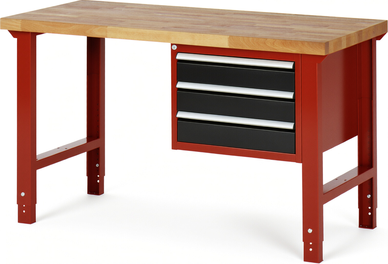 Werkbank Modell 7127 rot - schwarz, BxTxH 1500x700x790-1140 mm,  Buche-Massiv Arbeitsplatte 40 mm,  3 Schubladen mit  Auszug 90 %