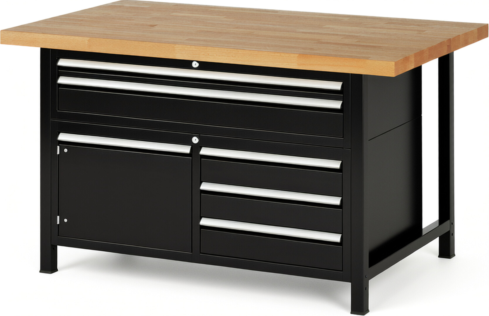 RAU Werkbank schwarz - Breite 150 cm - Tiefe 90 cm - Höhe 104 cm - Buche-Massiv Arbeitsplatte 40 mm