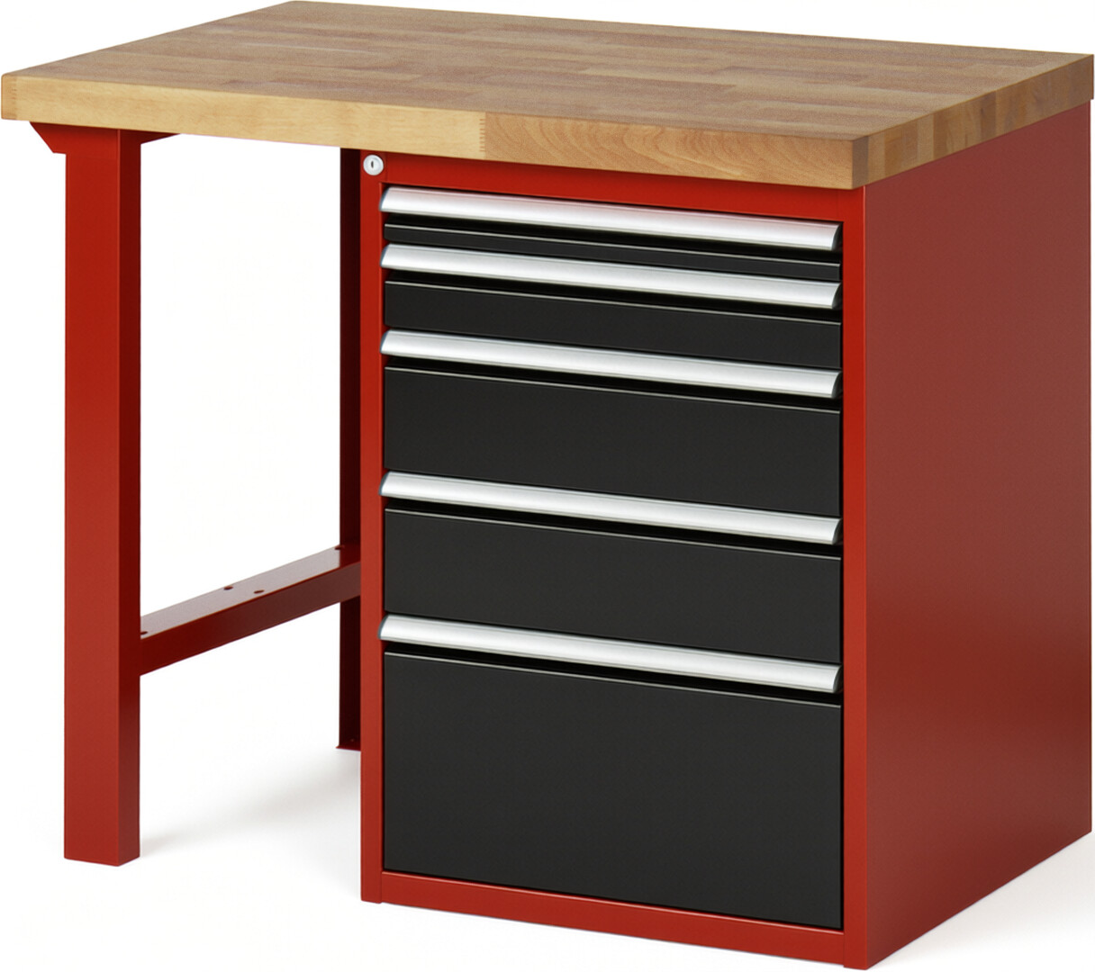 Werkbank Modell 7511 rot - schwarz, BxTxH 1000x700x890 mm,  Buche-Massiv Arbeitsplatte 40 mm,  5 Schubladen mit  Vollauszug 100 % und  SoftClosing