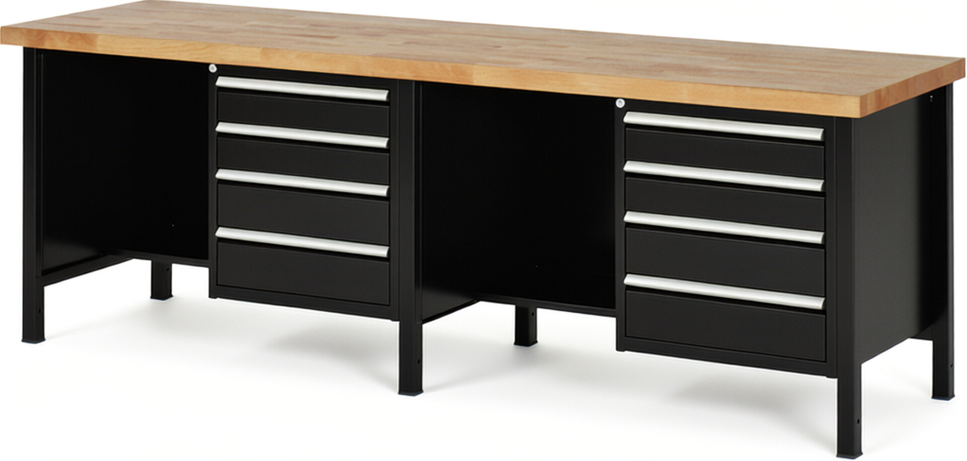 Werkbank Modell 8453 schwarz, BxTxH 2500x700x840-1040 mm,  Buche-Massiv Arbeitsplatte 40 mm,  8 Schubladen mit  Auszug 90 %