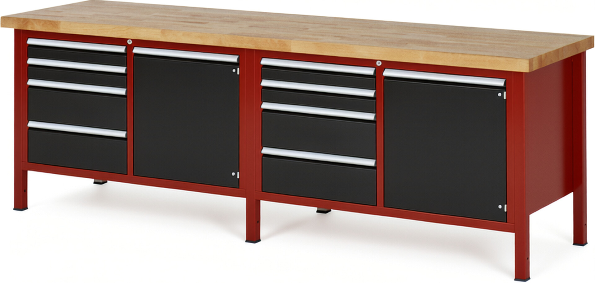 RAU Werkbank rot - schwarz - Breite 250 cm - Tiefe 70 cm - Höhe 104 cm - Buche-Massiv Arbeitsplatte 40 mm