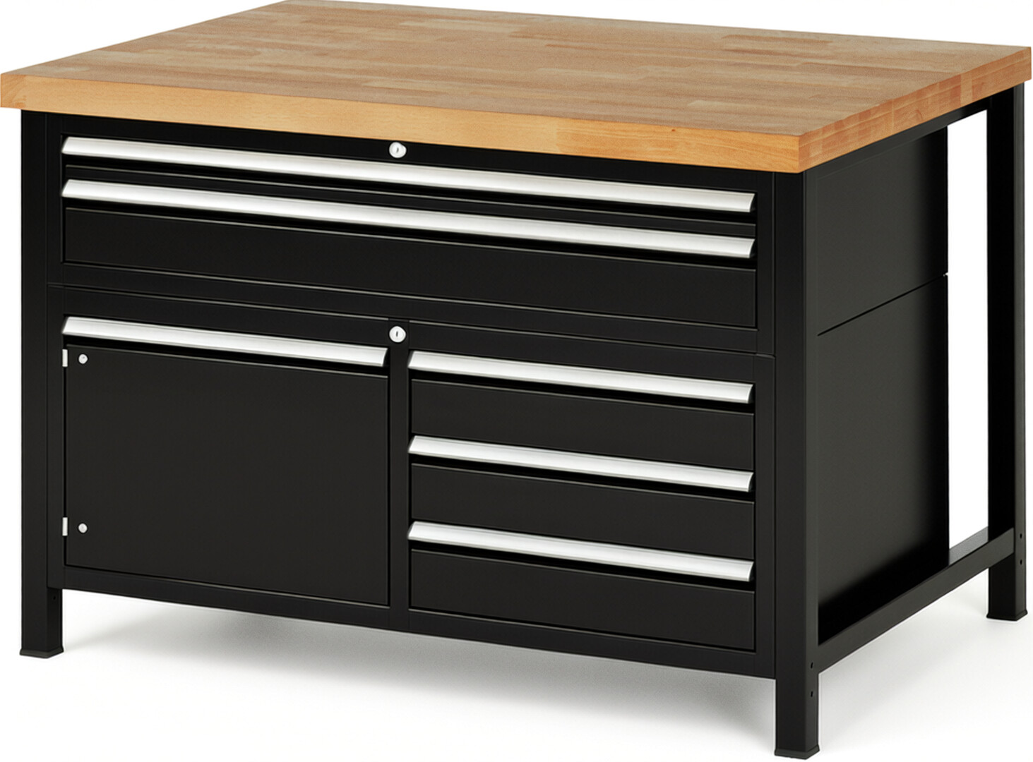 Werkbank Modell 8922 schwarz, BxTxH 1250x900x840-1040 mm,  Buche-Massiv Arbeitsplatte 40 mm,  5 Schubladen mit  Auszug 90 %