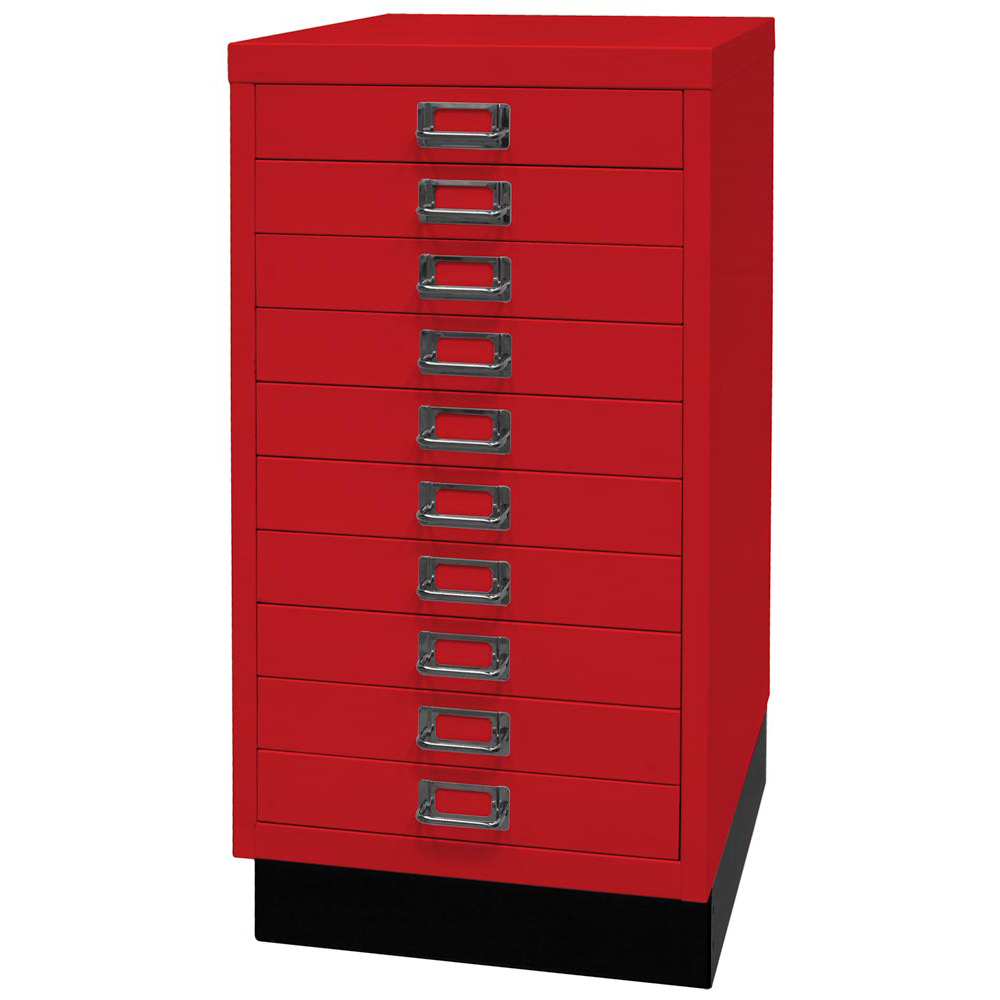 Schubladenschrank aus Stahl, BxTxH 349x432x670 mm, 10 Schubladen 51 mm, DIN A3, Sockel 80 mm hoch, kardinalrot