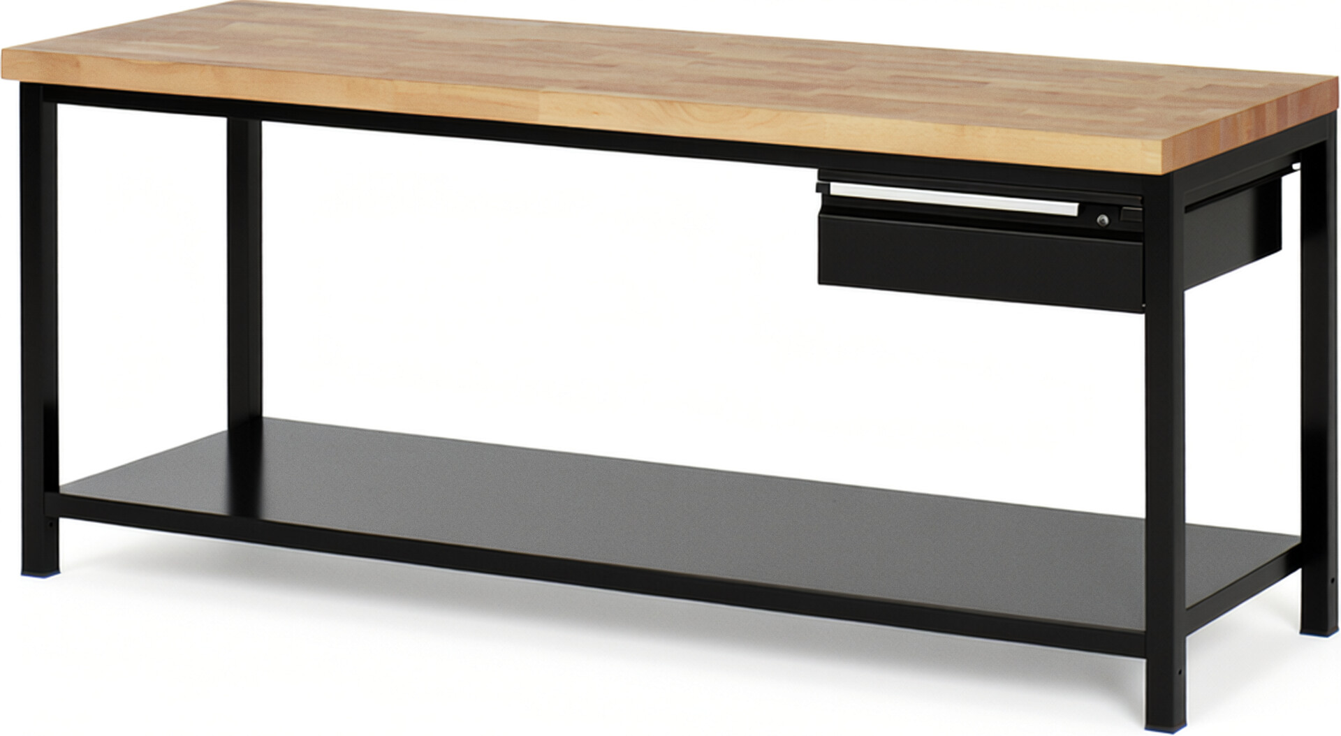 Werkbank schwarz, BxTxH 2000x700x840-1040 mm, Platte Buche 40 mm, inkl. Stahlblech-Ablageboden, 1x 150 mm Hängeschublade, RAL 9011/9011