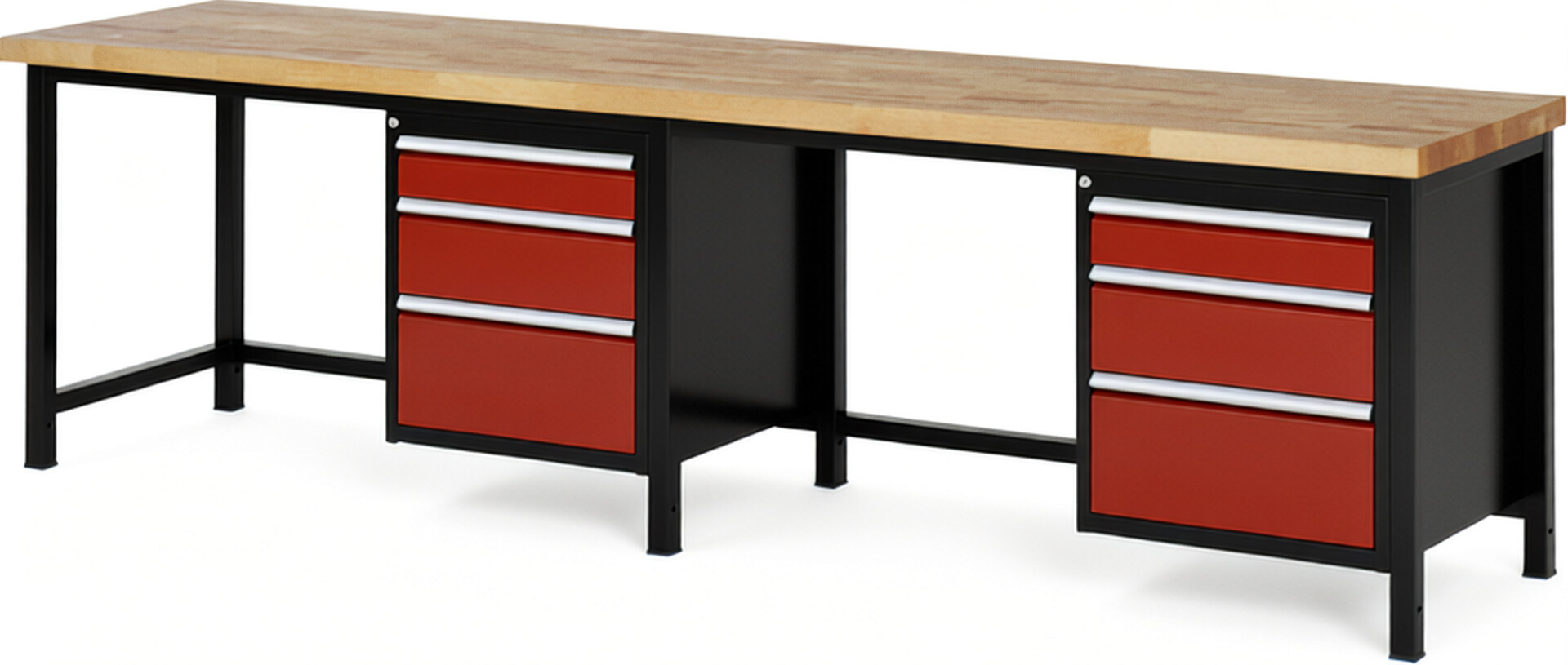 RAU Werkbank schwarz - rot - Breite 300 cm - Tiefe 70 cm - Höhe 104 cm - Buche-Massiv Arbeitsplatte 40 mm