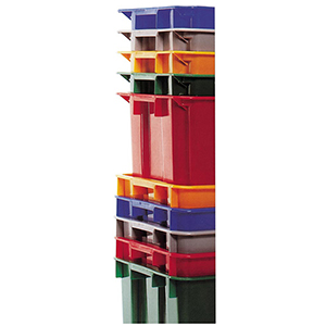 Drehstapelbehälter, PP, Boden + Wände geschlossen, Volumen 60 l, LxBxH 650x450x280 mm, Farbe rot, VE 5 Stück