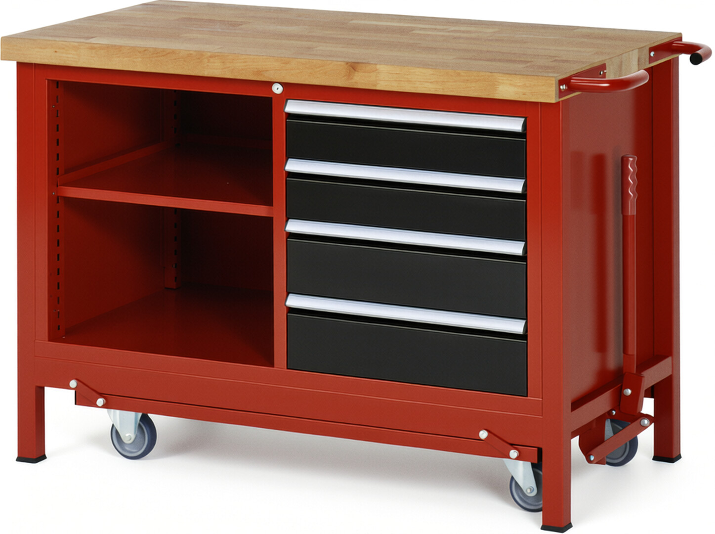 Absenkbare Werkbank Modell 8463 rot - schwarz, BxTxH 1250x700x880 mm,  Buche-Massiv Arbeitsplatte 40 mm,  4 Schubladen mit  Auszug 90 %