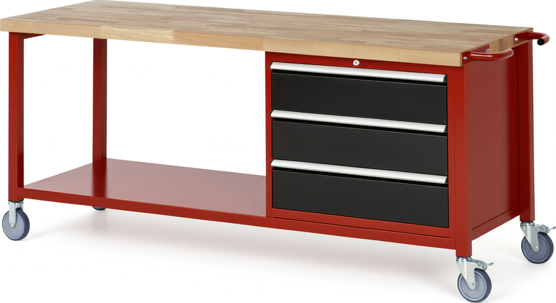 Fahrbare Werkbank Modell 8257 rot - schwarz, BxTxH 2000x700x880 mm,  Buche-Massiv Arbeitsplatte 40 mm,  3 Schubladen mit  Auszug 90 %