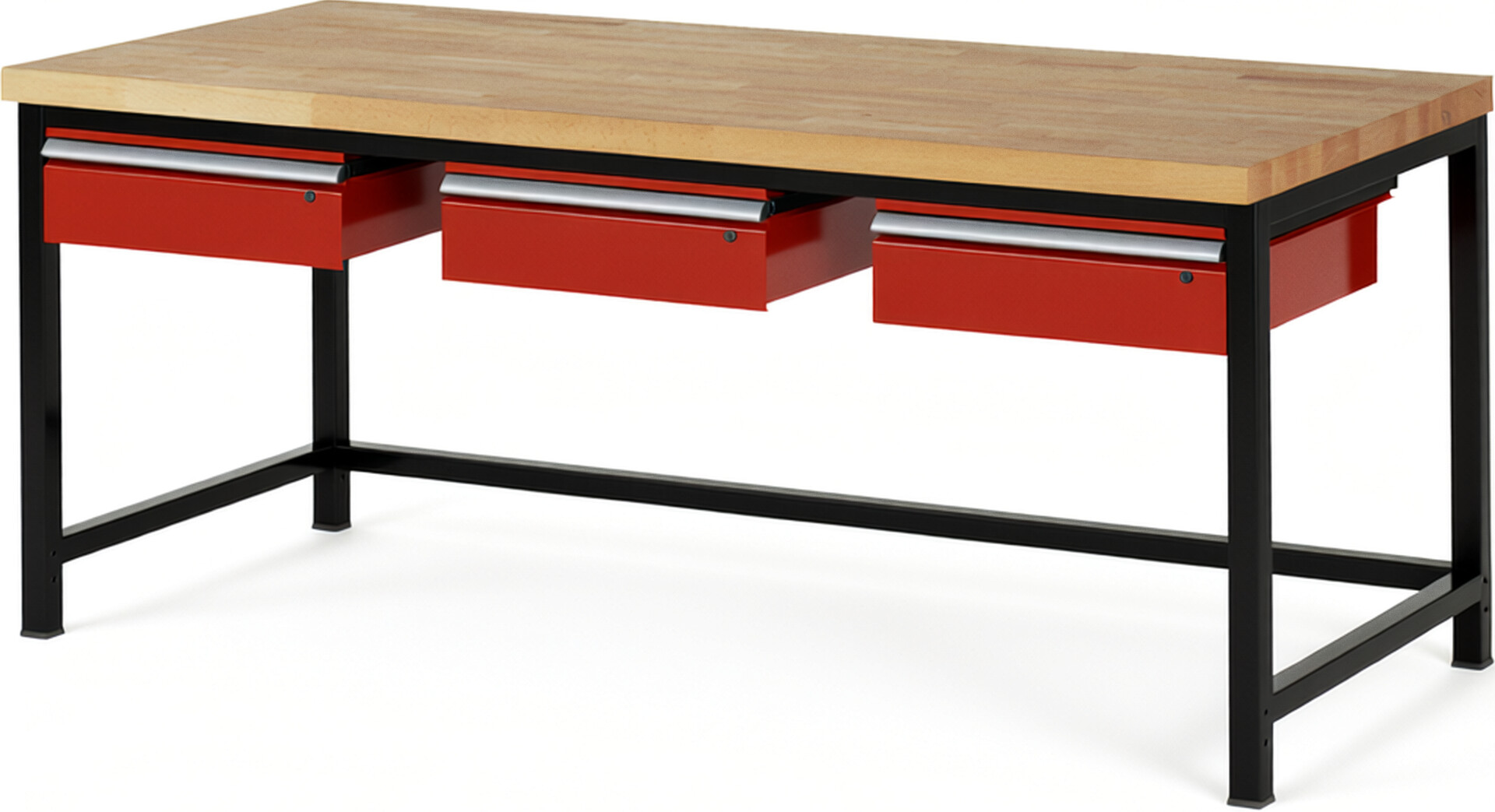 RAU Werkbank schwarz - rot - Breite 200 cm - Tiefe 90 cm - Höhe 104 cm - Buche-Massiv Arbeitsplatte 40 mm