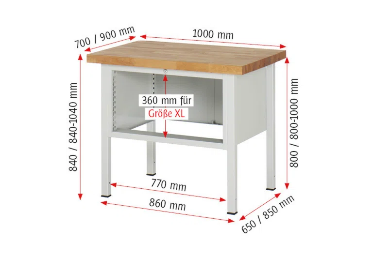 Werkbank Modell 8226 schwarz-rot, BxTxH 1000x700x840 mm,  Buche-Massiv Arbeitsplatte 40 mm,  3 Schubladen mit  Vollauszug 100 % und  SoftClosing