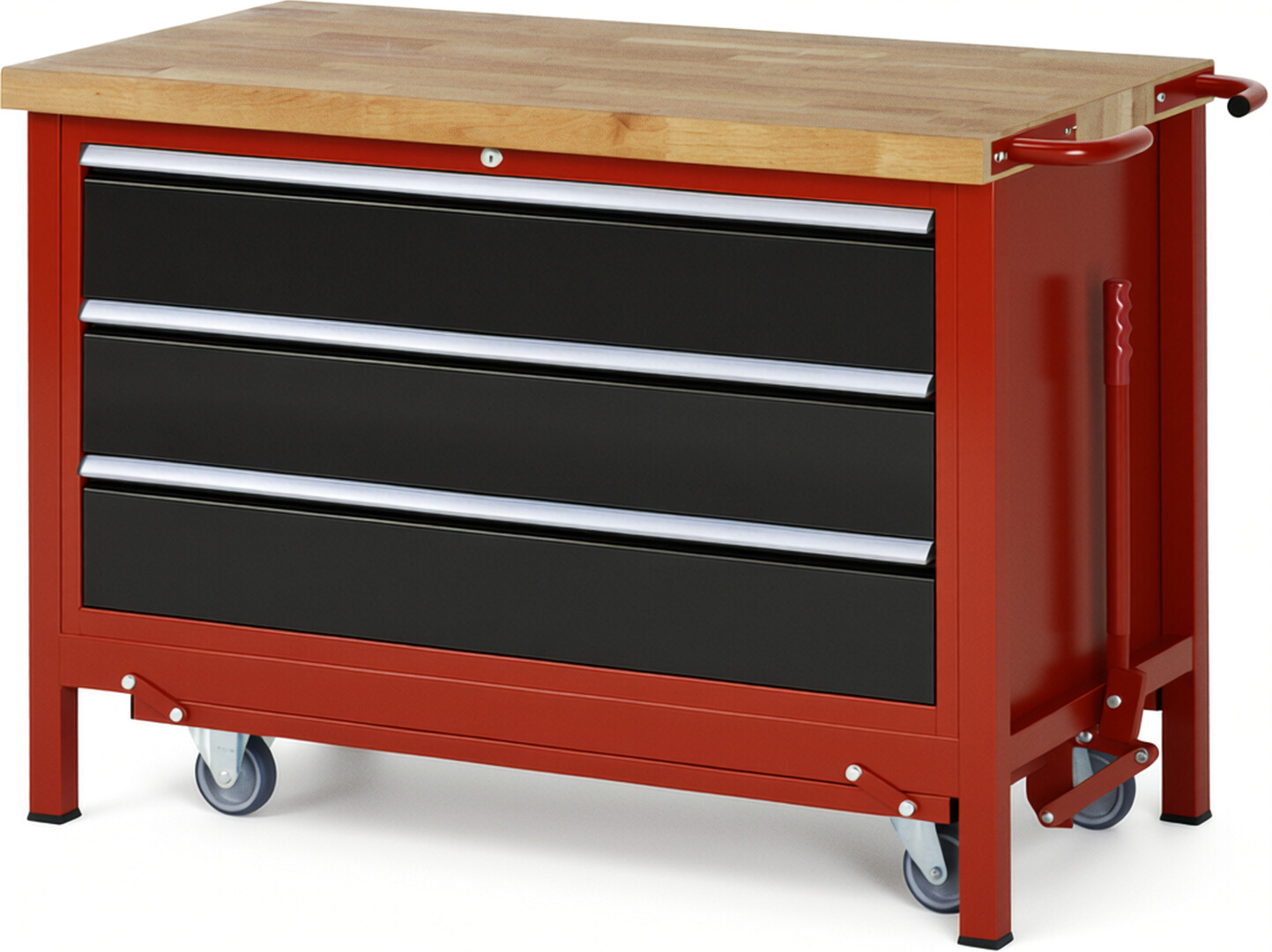 Absenkbare Werkbank Modell 8357 rot - schwarz, BxTxH 1250x700x880 mm,  Buche-Massiv Arbeitsplatte 40 mm,  3 Schubladen mit  Auszug 90 %