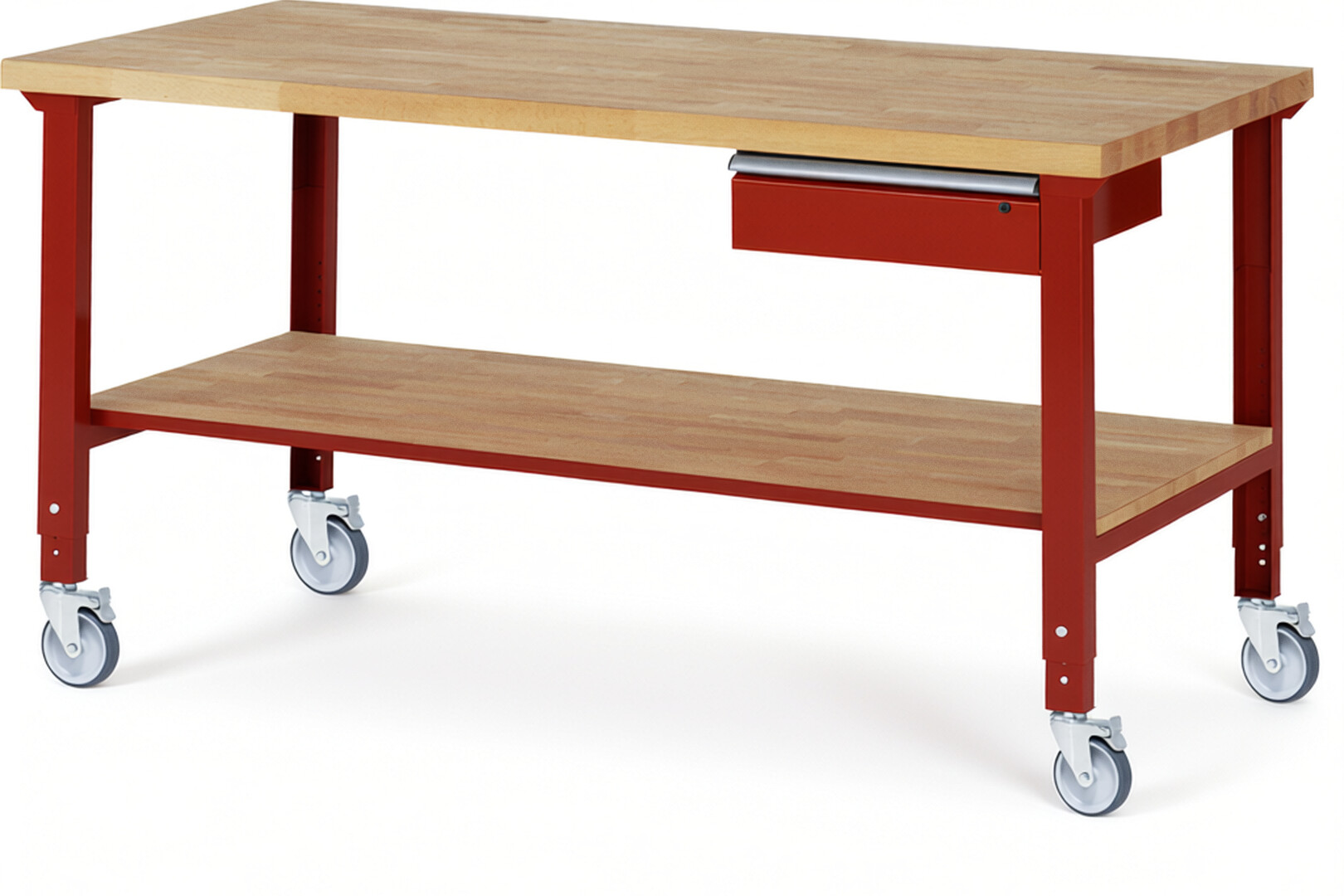 Fahrbare Werkbank Modell 7001 rot, BxTxH 2000x900x950-1000 mm,  Buche-Massiv Arbeitsplatte 40 mm,  1 Schublade mit  Auszug 90 %