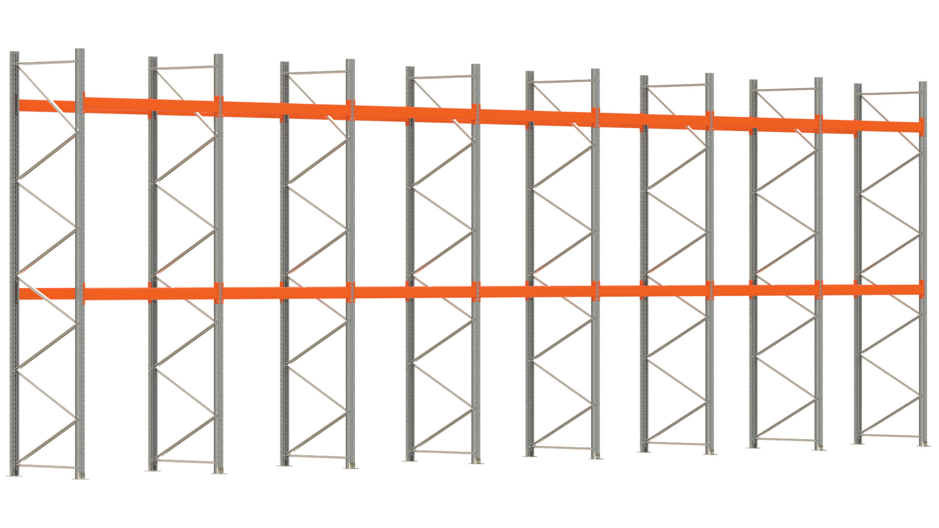 Palettenregal ARTUS - Breite 1398 cm - Höhe 450 cm - Tiefe 110 cm - 2 Träger-Ebenen - max. Fachlast 2000 kg - 42 Palettenstellplätze