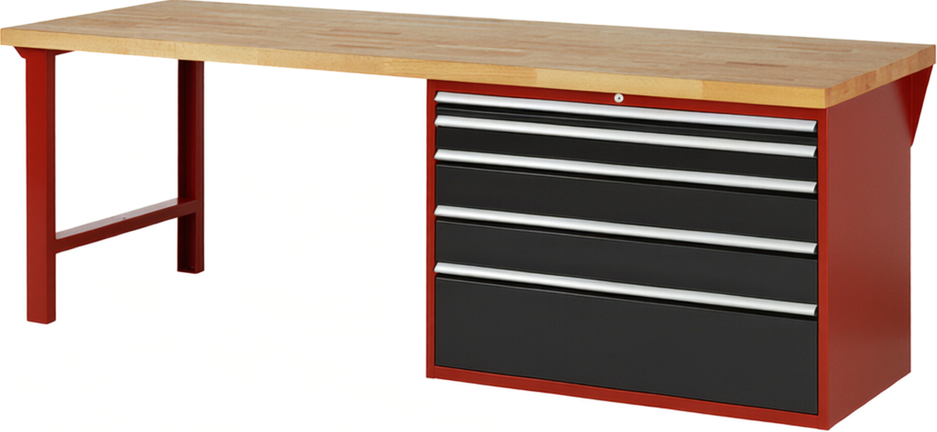 Werkbank Modell 7711 rot - schwarz, BxTxH 2500x900x840 mm,  Buche-Massiv Arbeitsplatte 40 mm,  5 Schubladen mit  Vollauszug 100 % und  SoftClosing