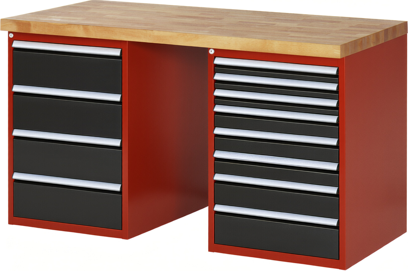 Werkbank Modell 7822 rot - schwarz, BxTxH 1500x700x890 mm,  Buche-Massiv Arbeitsplatte 40 mm,  12 Schubladen mit  Auszug 90 %