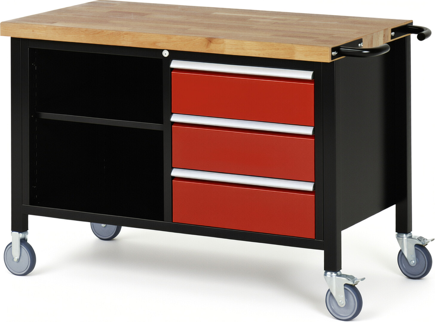 RAU Werkbank schwarz - rot - Breite 125 cm - Tiefe 70 cm - Höhe 88 cm - Buche-Massiv Arbeitsplatte 40 mm