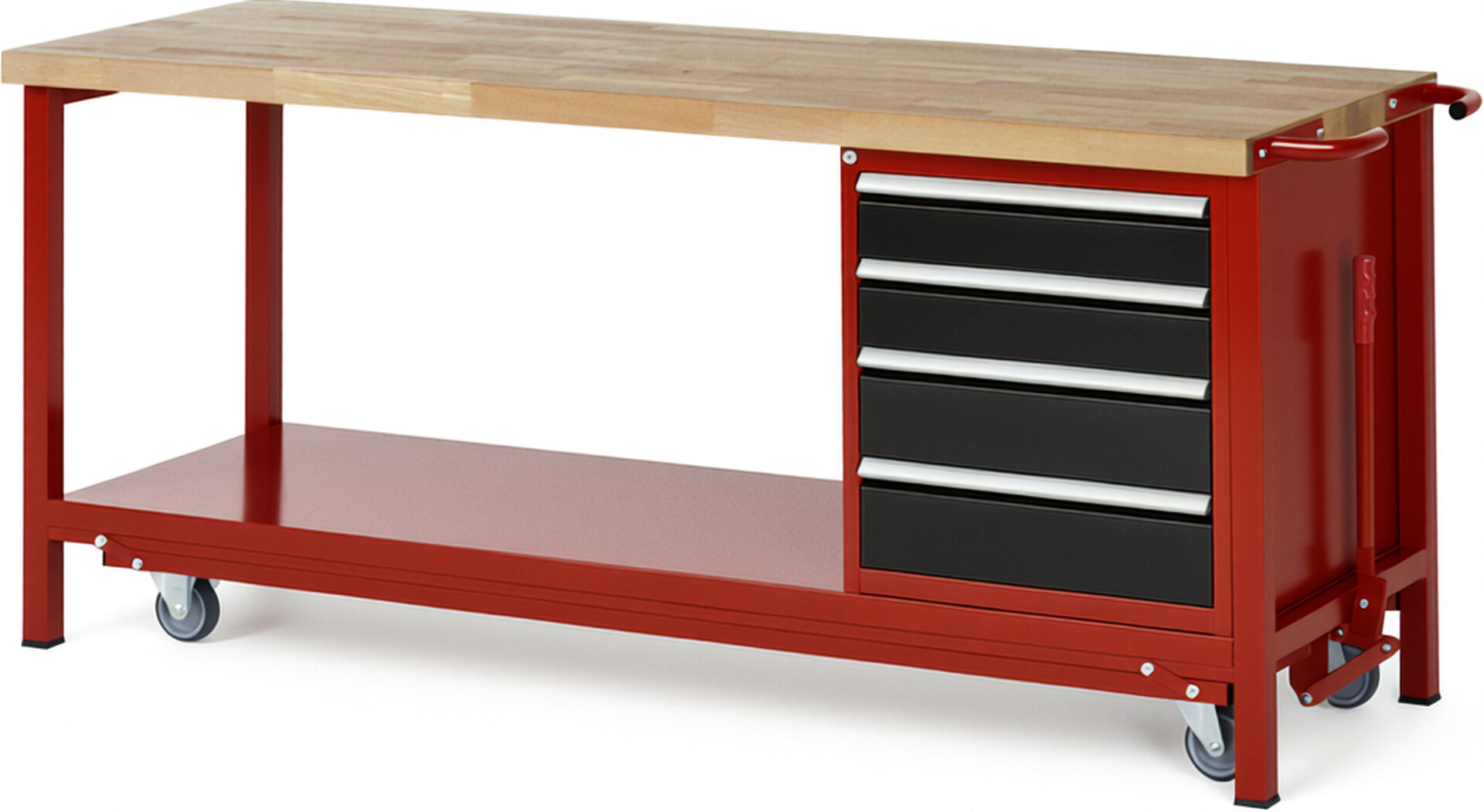 Absenkbare Werkbank Modell 8162 rot - schwarz, BxTxH 2000x700x880 mm,  Buche-Massiv Arbeitsplatte 40 mm,  4 Schubladen mit  Vollauszug 100 % und  SoftClosing