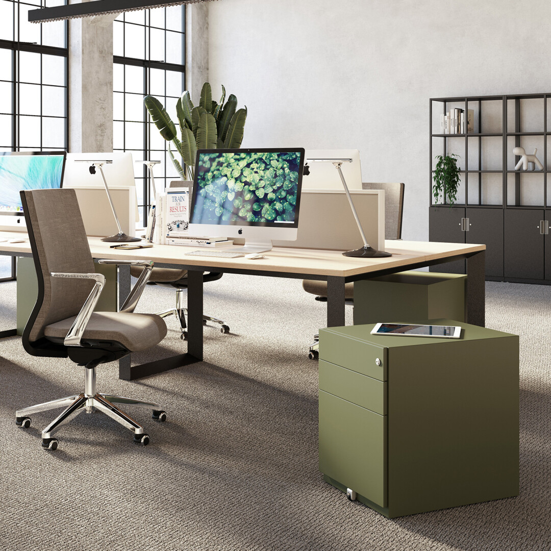 Rollcontainer, BxTxH 420x565x495 mm, 3 Schubladen, Designgriff, silber