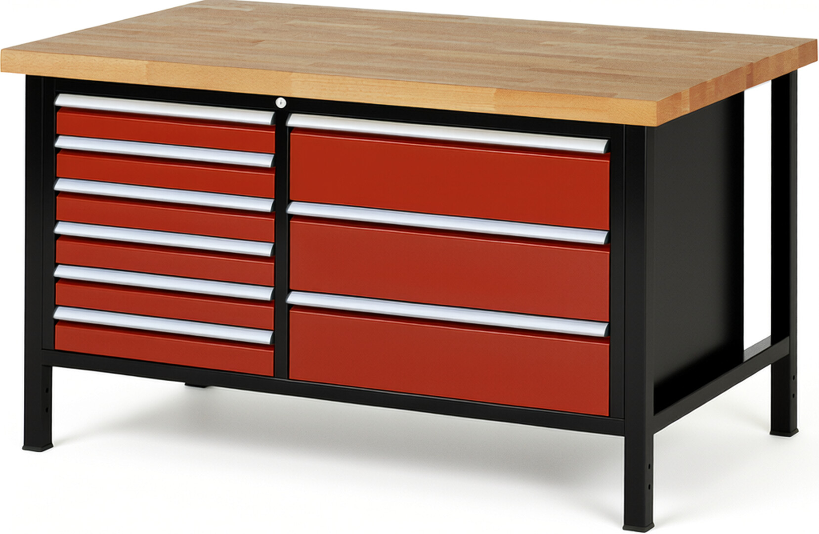 RAU Werkbank schwarz - rot - Breite 150 cm - Tiefe 90 cm - Höhe 104 cm - Buche-Massiv Arbeitsplatte 40 mm