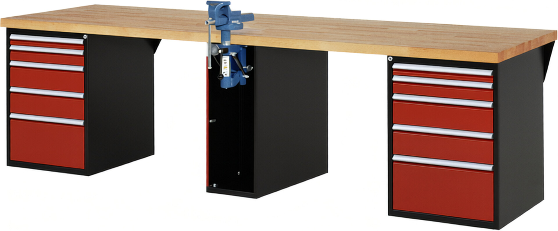 Werkbank Modell 7511 schwarz-rot, BxTxH 3000x900x840 mm,  Buche-Massiv Arbeitsplatte 40 mm,  10 Schubladen mit  Vollauszug 100 % und  SoftClosing