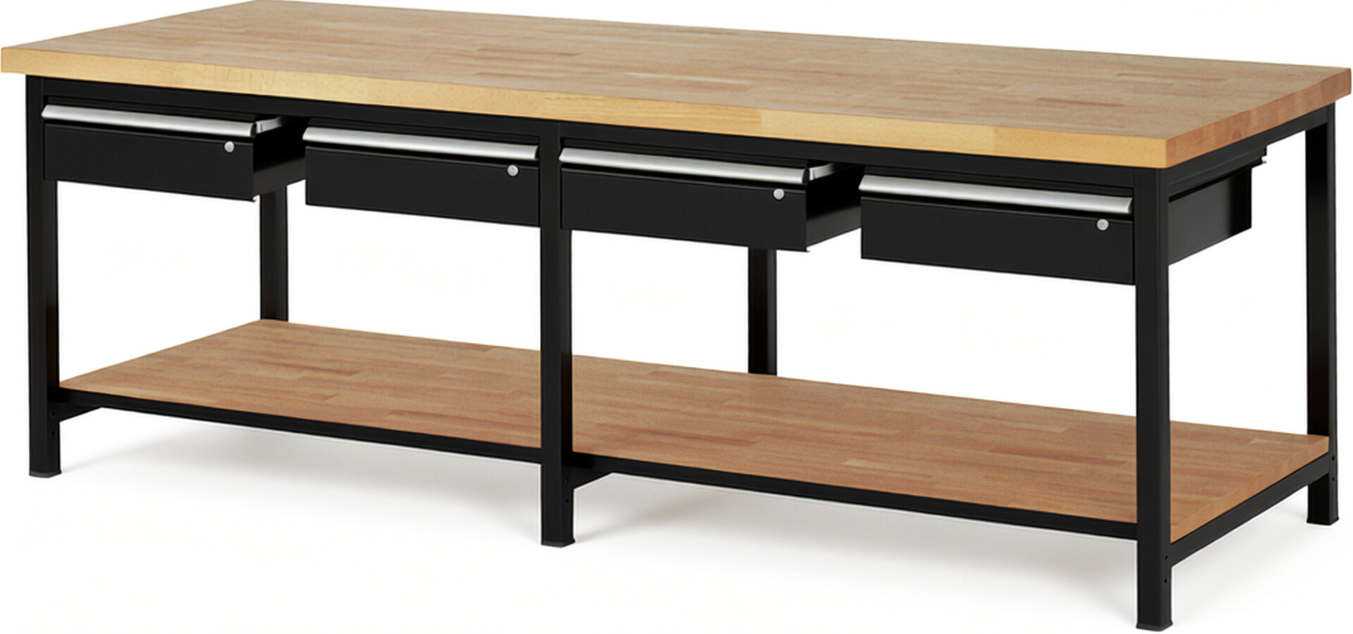 Werkbank Modell 8002 schwarz, BxTxH 2500x900x840-1040 mm,  Buche-Massiv Arbeitsplatte 40 mm,  4 Schubladen mit  Auszug 90 %