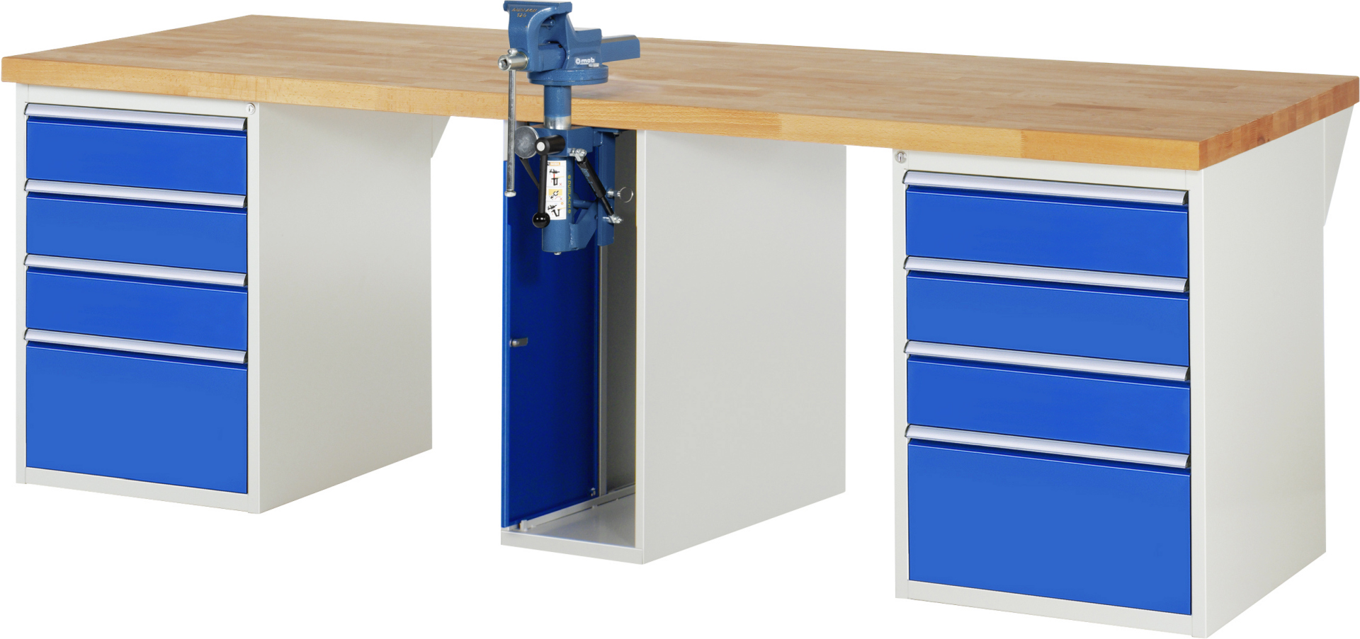 Werkbank Modell 7510 schwarz, BxTxH 2500x900x890 mm,  Buche-Massiv Arbeitsplatte 40 mm,  8 Schubladen mit  Auszug 90 %