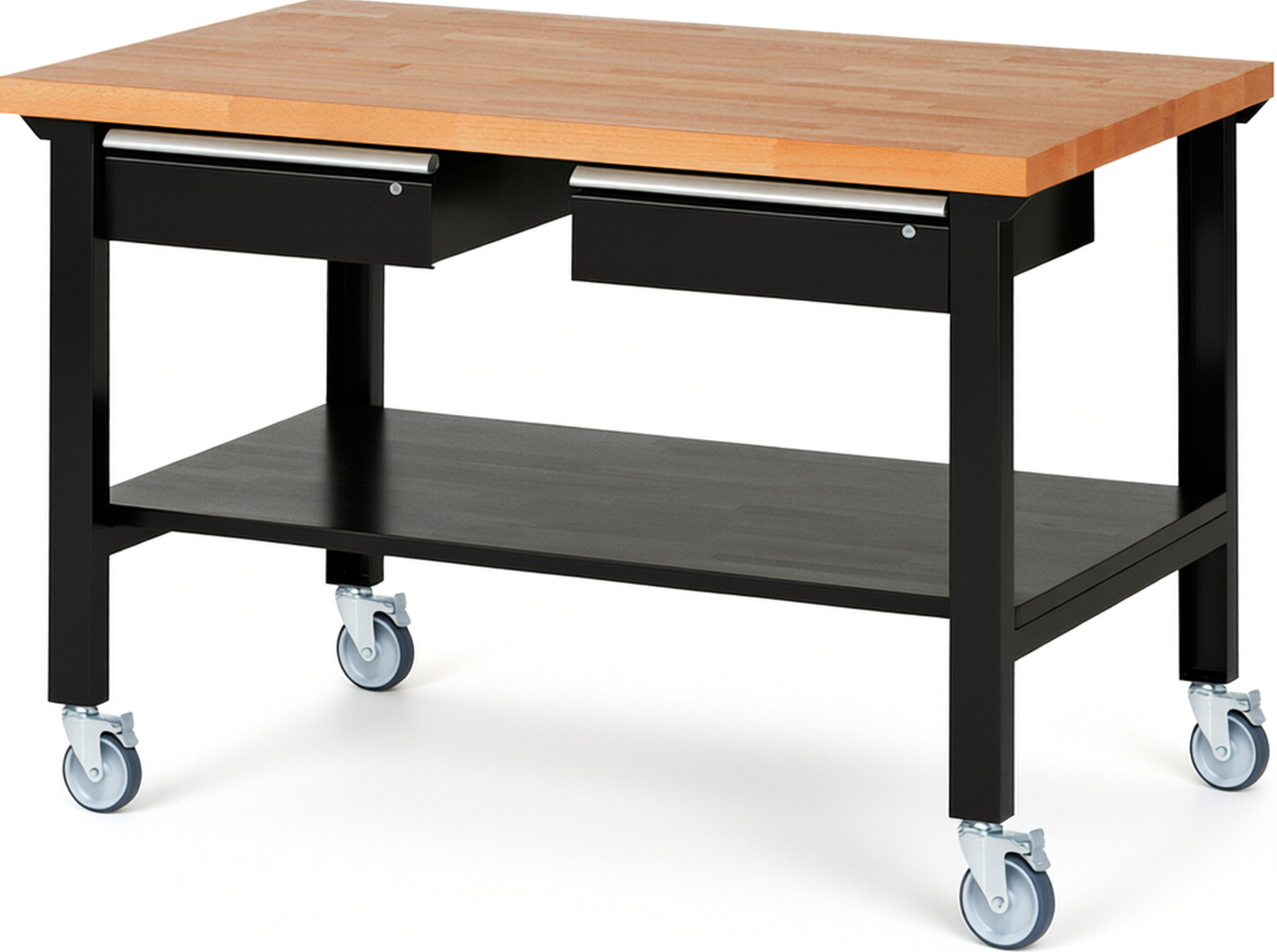 RAU Werkbank schwarz - Breite 150 cm - Tiefe 90 cm - Höhe 100 cm - Buche-Massiv Arbeitsplatte 40 mm