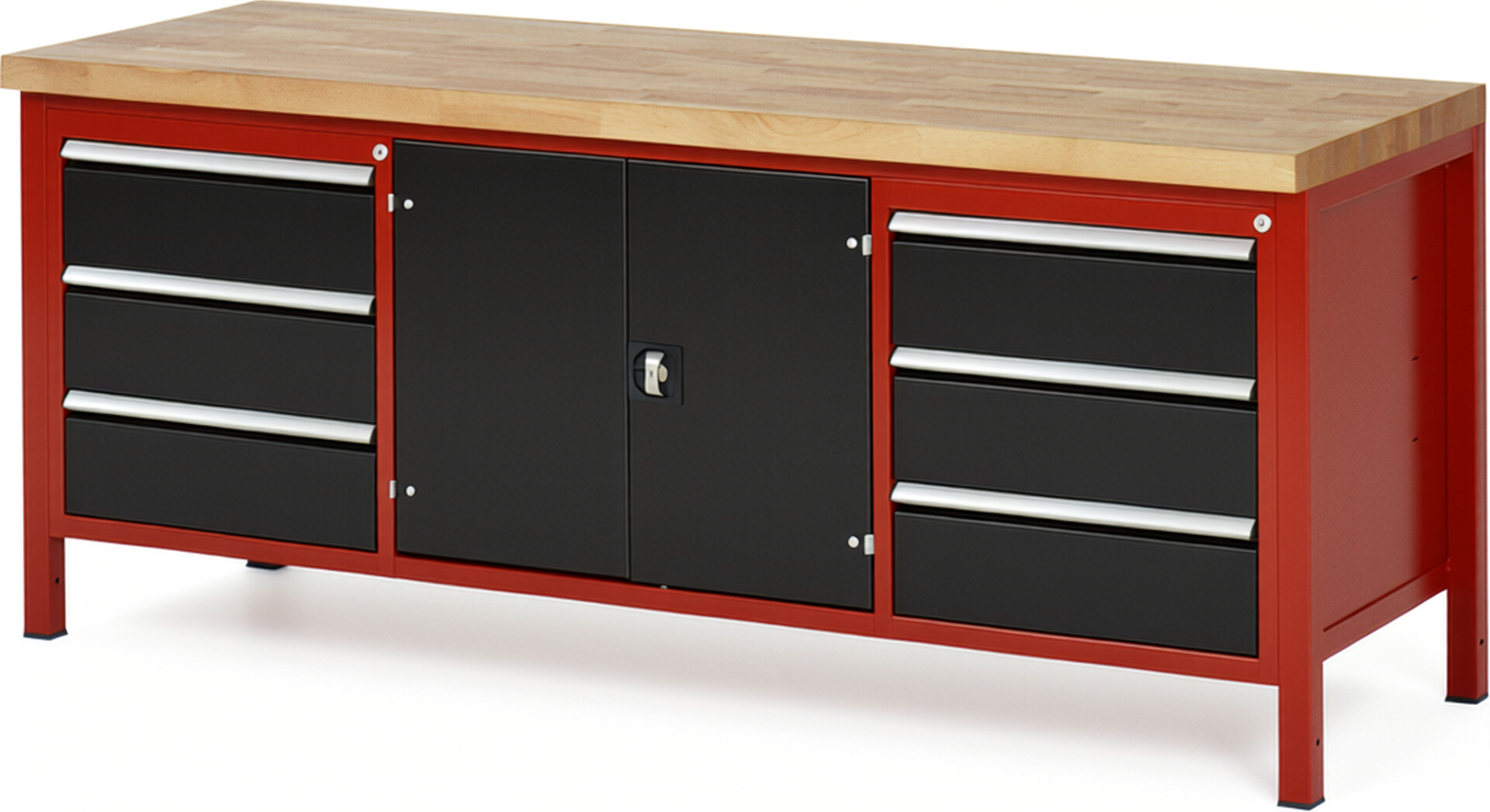 Werkbank Modell 8907 rot - schwarz, BxTxH 2000x700x840 mm,  Buche-Massiv Arbeitsplatte 40 mm,  6 Schubladen mit  Auszug 90 %