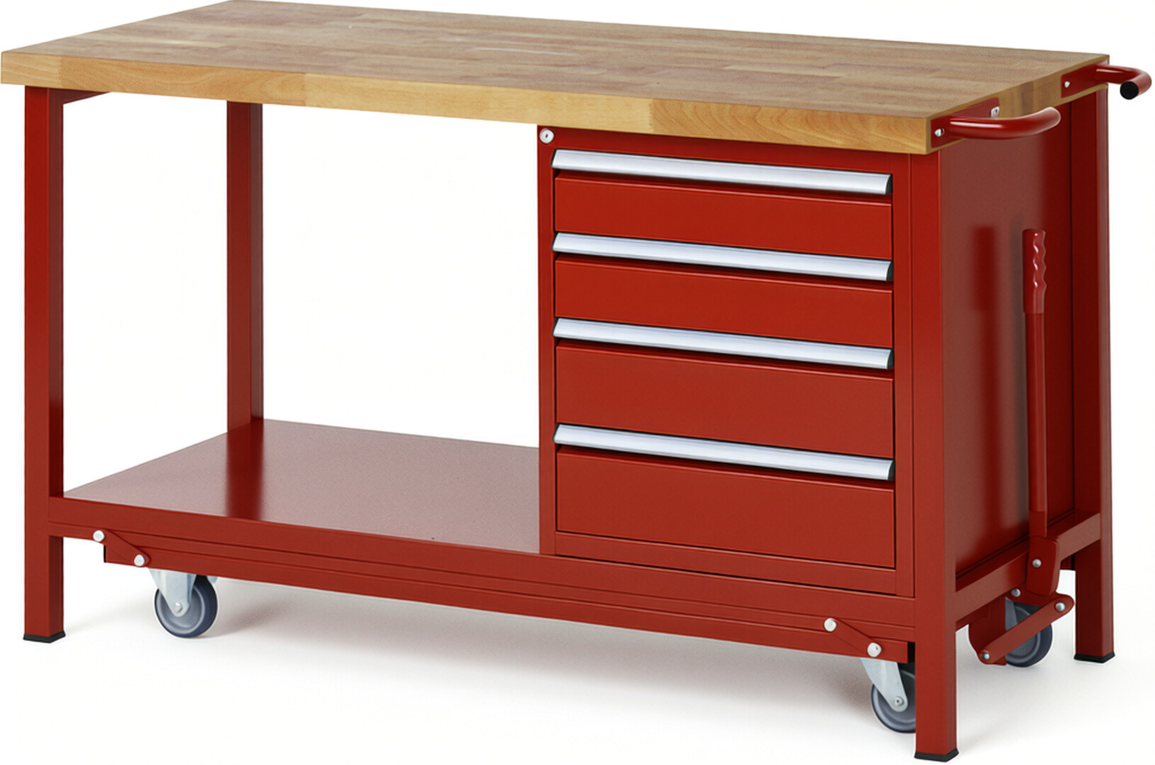 Absenkbare Werkbank Modell 8162 rot, BxTxH 1500x700x880 mm,  Buche-Massiv Arbeitsplatte 40 mm,  4 Schubladen mit  Auszug 90 %