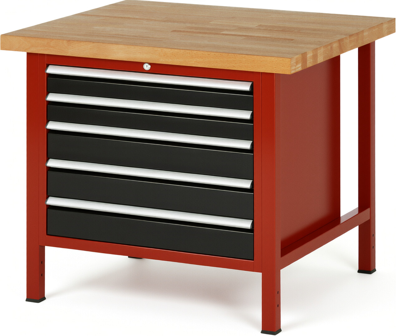 Werkbank Modell 8271 rot - schwarz, BxTxH 1000x900x840-1040 mm,  Buche-Massiv Arbeitsplatte 40 mm,  5 Schubladen mit  Auszug 90 %