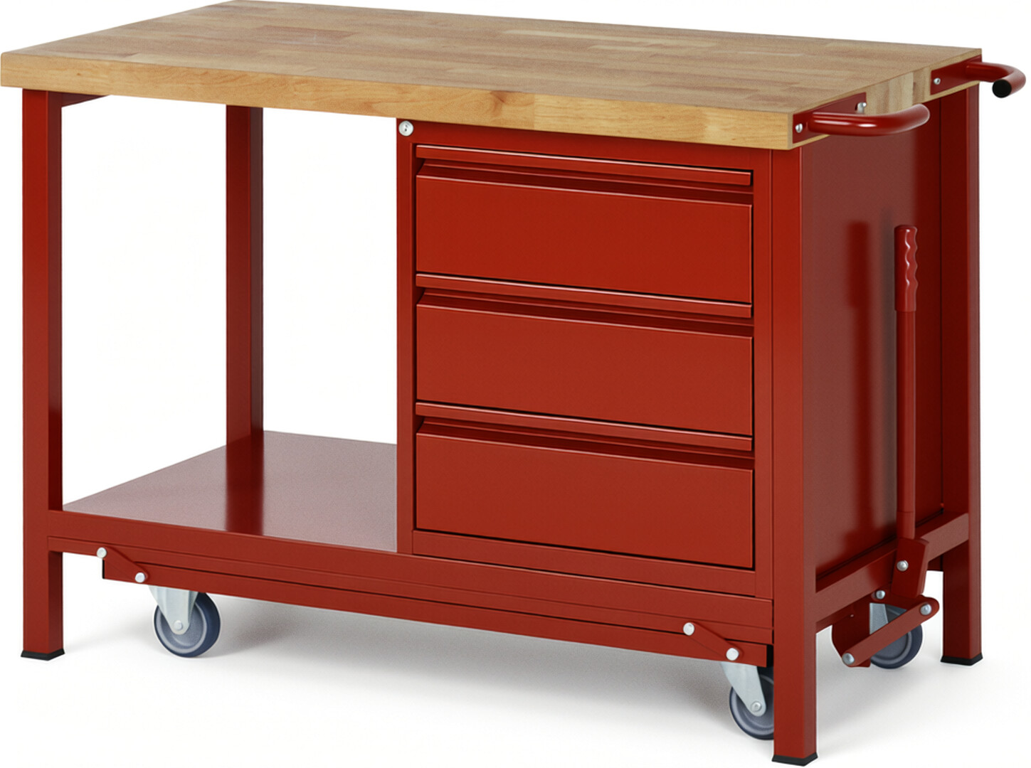 Absenkbare Werkbank - Modell 8157 BASIC rot, BxTxH 1250x700x880 mm,  Buche-Massiv Arbeitsplatte 40 mm,  3 Schubladen mit  Auszug 90 %