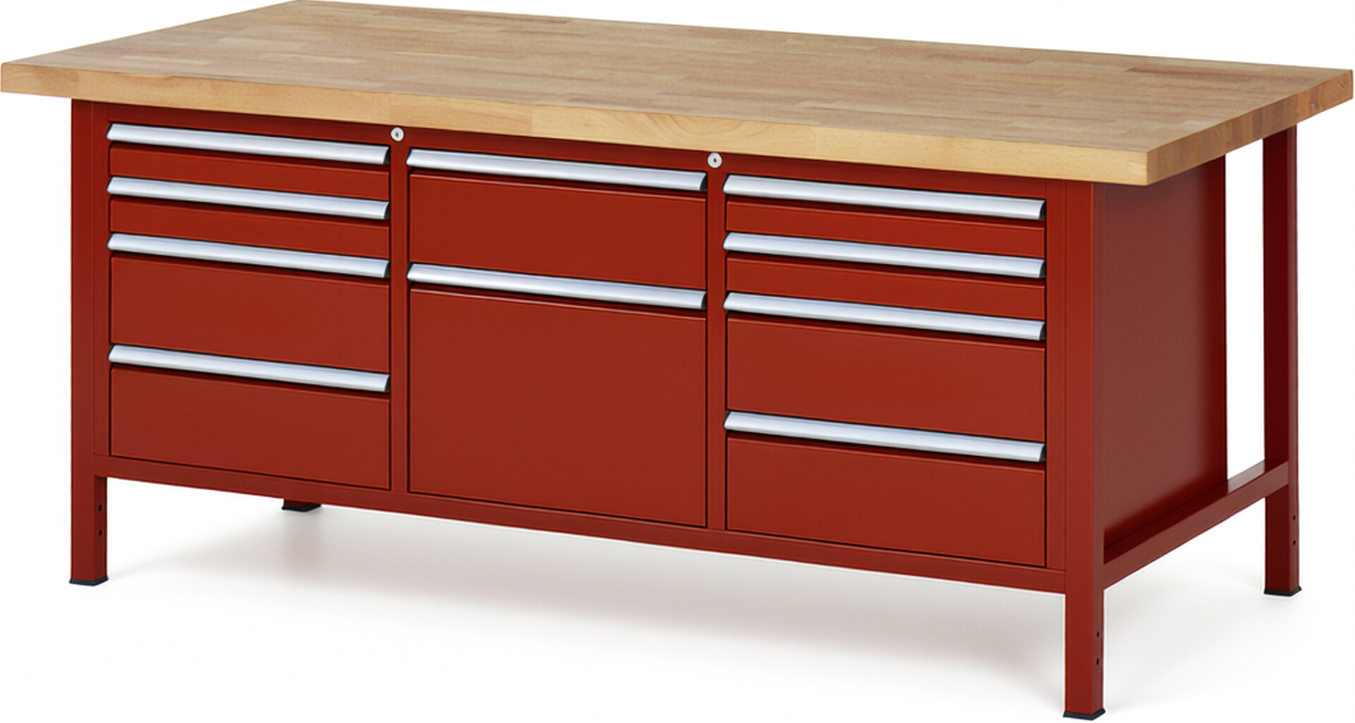 Werkbank Modell 8575 rot, BxTxH 2000x900x840-1040 mm,  Buche-Massiv Arbeitsplatte 40 mm,  10 Schubladen mit  Auszug 90 %
