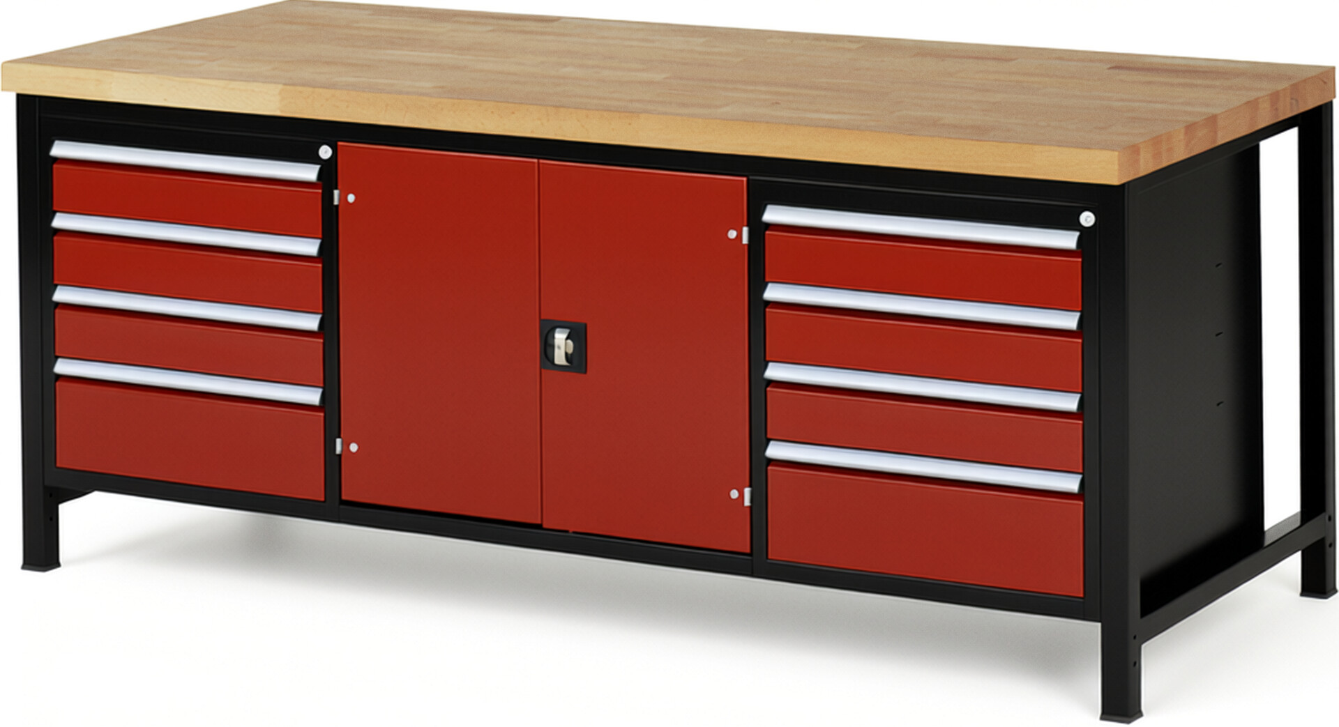 RAU Werkbank schwarz - rot - Breite 200 cm - Tiefe 90 cm - Höhe 104 cm - Buche-Massiv Arbeitsplatte 40 mm