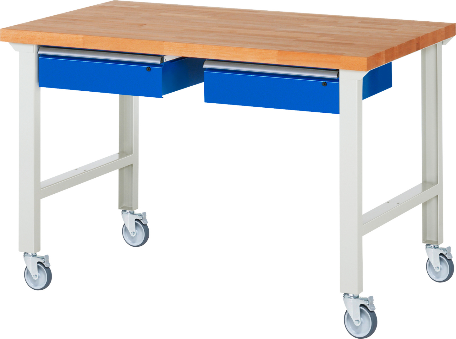 Fahrbare Werkbank Modell 7002,  BxTxH 1500x900x1000 mm,  Buche-Massiv Arbeitsplatte 40 mm,  2 Schubladen mit  Auszug 90 %