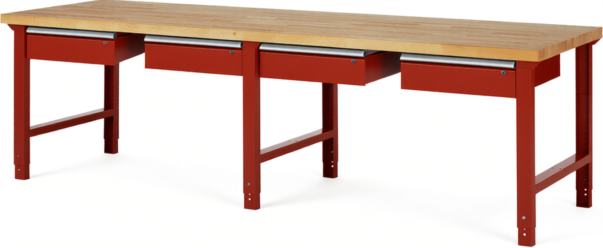 Werkbank Modell 7002 rot, BxTxH 3000x900x790-1140 mm,  Buche-Massiv Arbeitsplatte 40 mm,  4 Schubladen mit  Auszug 90 %