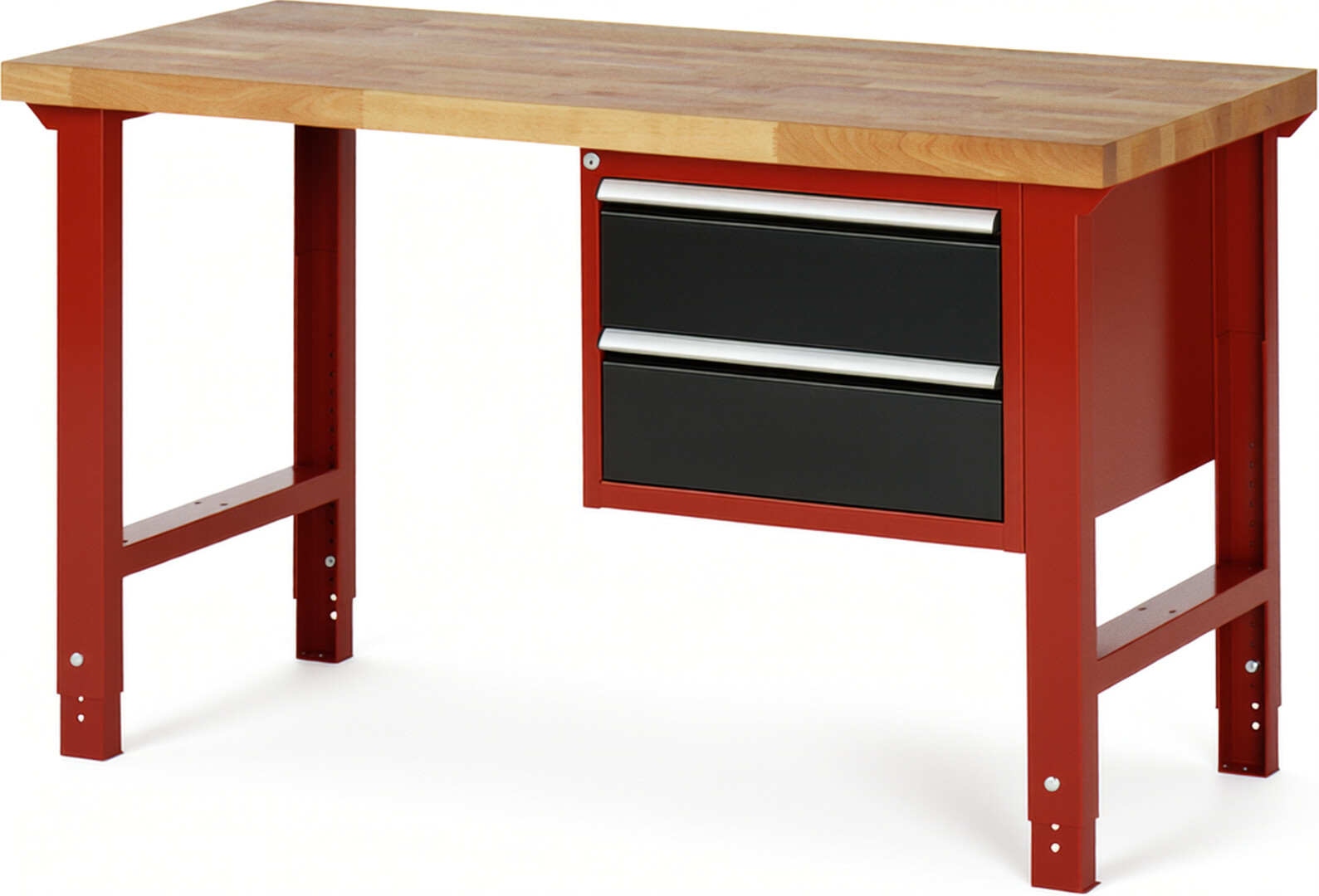 Werkbank Modell 7125 rot - schwarz, BxTxH 1500x700x790-1140 mm,  Buche-Massiv Arbeitsplatte 40 mm,  2 Schubladen mit  Vollauszug 100 % und  SoftClosing