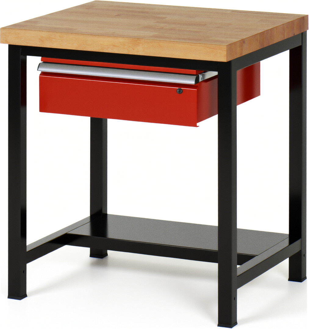Werkbank Modell 8001 schwarz-rot, BxTxH 750x700x840-1040 mm,  Buche-Massiv Arbeitsplatte 40 mm,  1 Schublade mit  Auszug 90 %