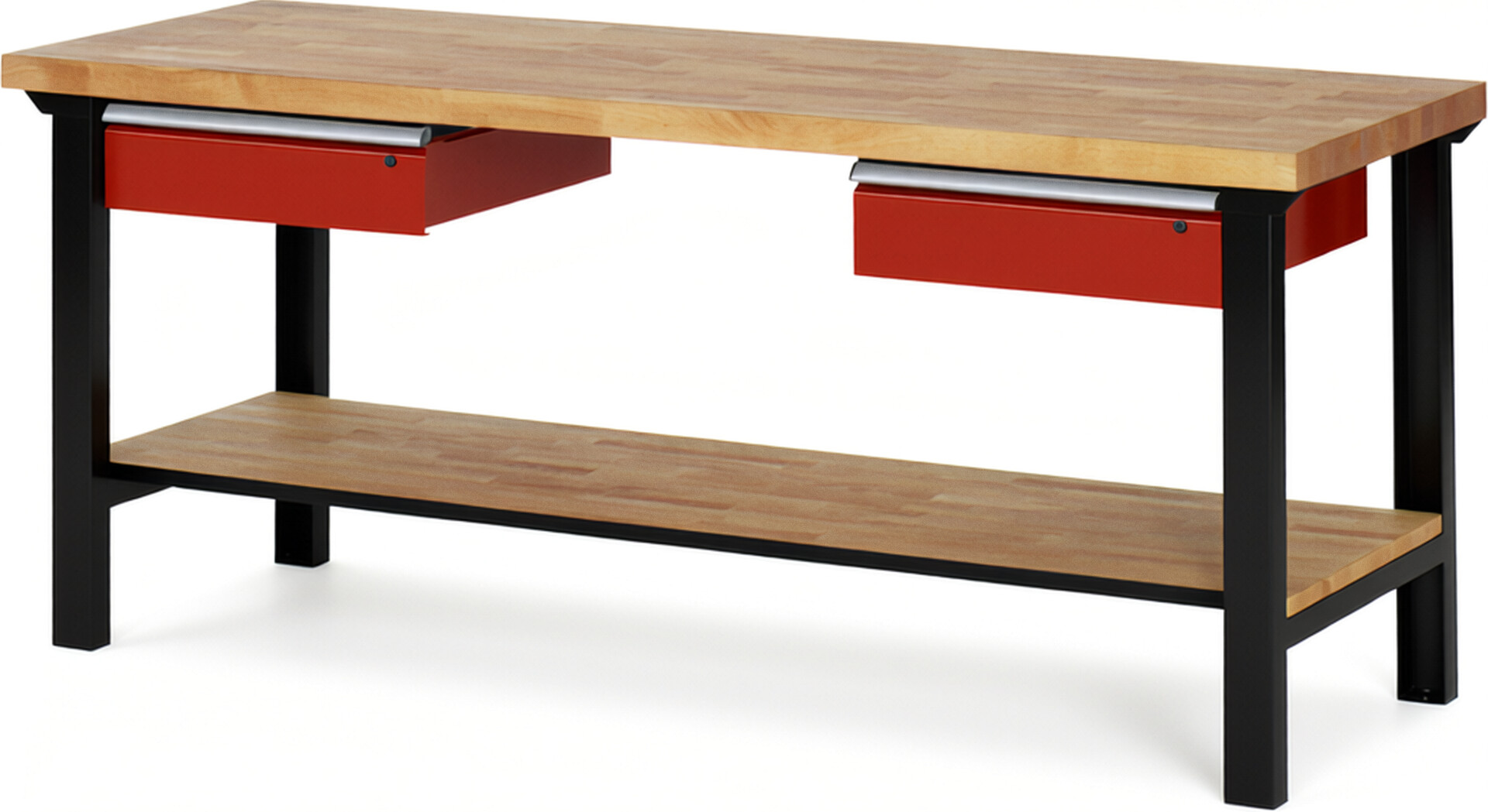 RAU Werkbank schwarz - rot - Breite 200 cm - Tiefe 70 cm - Höhe 84 cm - Buche-Massiv Arbeitsplatte 40 mm