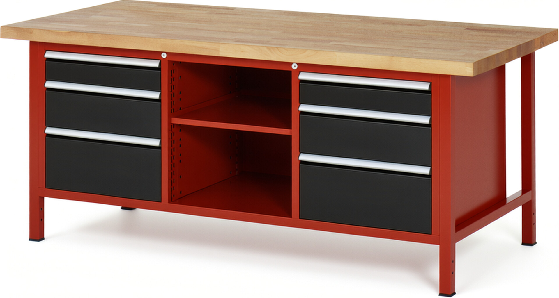 Werkbank Modell 8564 rot - schwarz, BxTxH 2000x900x840-1040 mm,  Buche-Massiv Arbeitsplatte 40 mm,  6 Schubladen mit  Auszug 90 %