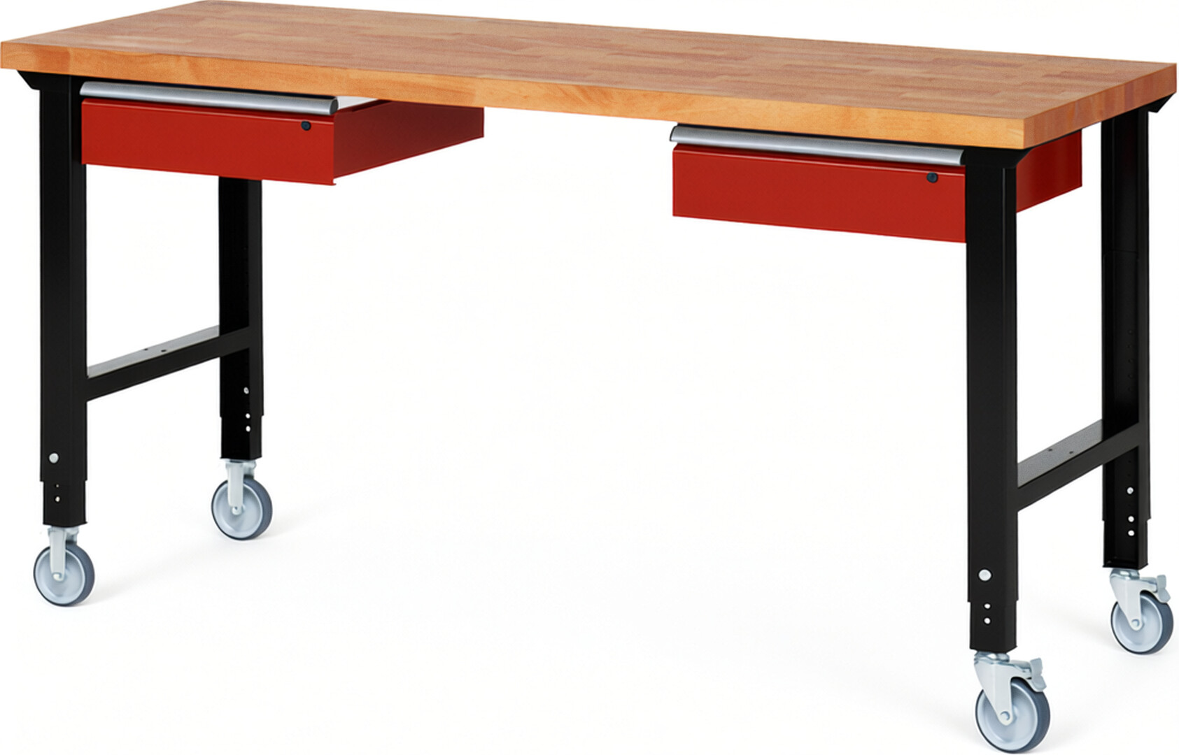 Fahrbare Werkbank Modell 7002 schwarz-rot, BxTxH 2000x700x950-1000 mm,  Buche-Massiv Arbeitsplatte 40 mm,  2 Schubladen mit  Auszug 90 %