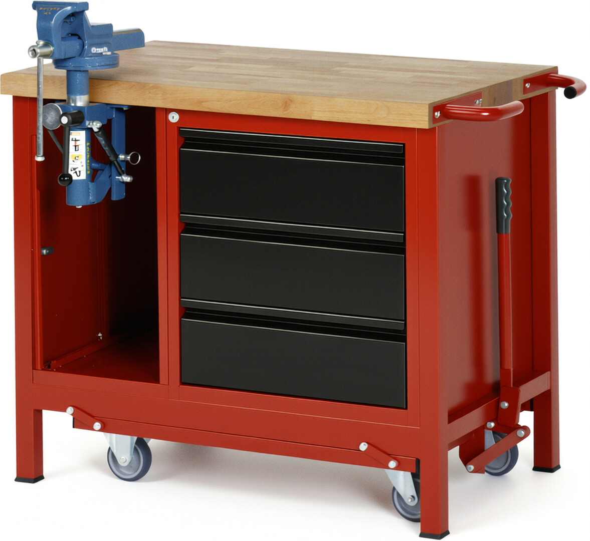 Absenkbare Werkbank - Modell 8183 BASIC rot - schwarz, BxTxH 1000x700x880 mm,  Buche-Massiv Arbeitsplatte 40 mm,  3 Schubladen mit  Auszug 90 %