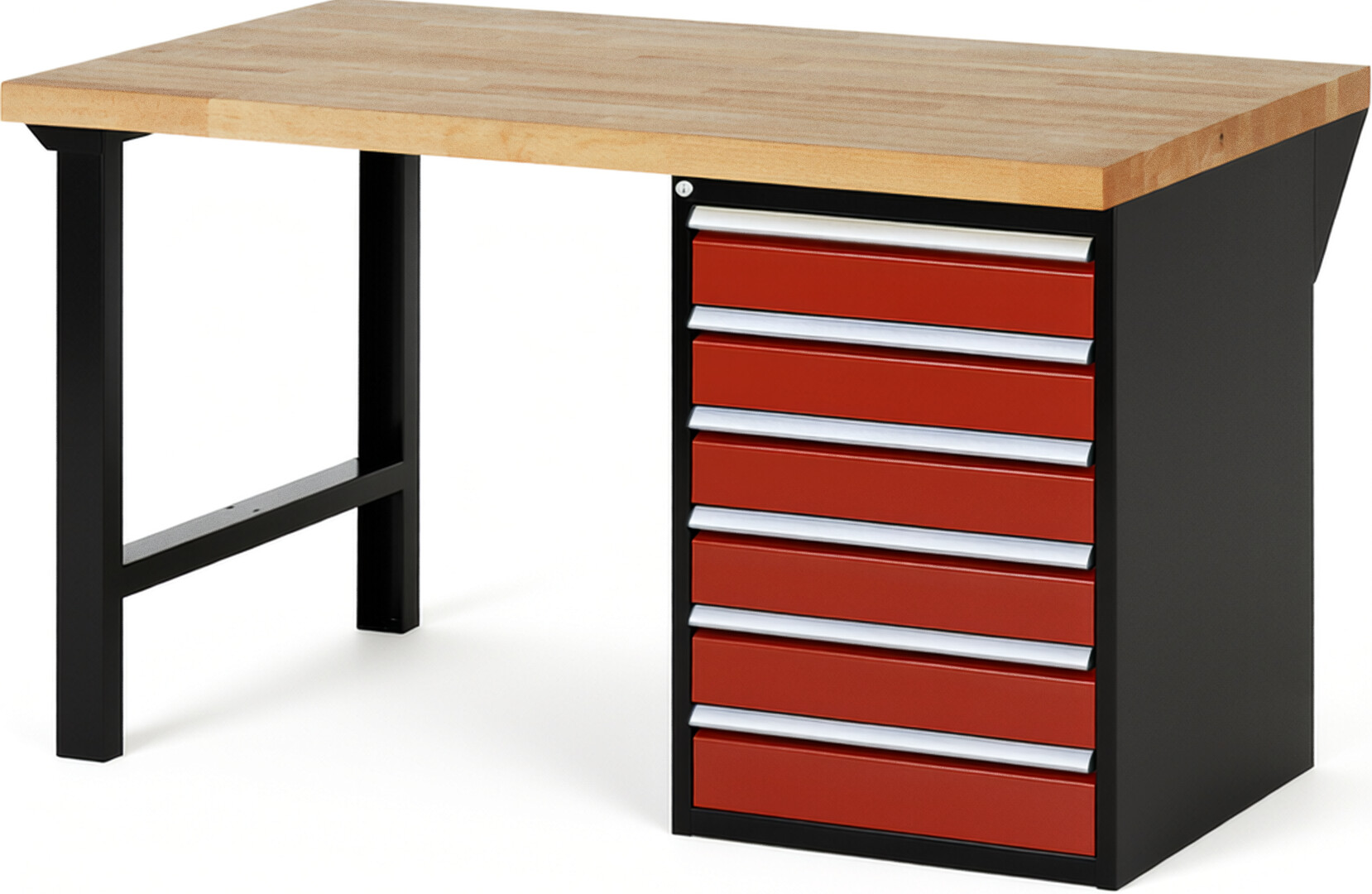 RAU Werkbank schwarz - rot - Breite 150 cm - Tiefe 90 cm - Höhe 84 cm - Buche-Massiv Arbeitsplatte 40 mm