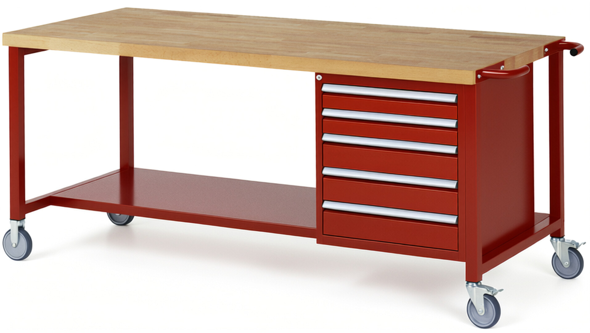 Fahrbare Werkbank Modell 8171 rot, BxTxH 2000x900x880 mm,  Buche-Massiv Arbeitsplatte 40 mm,  5 Schubladen mit  Auszug 90 %