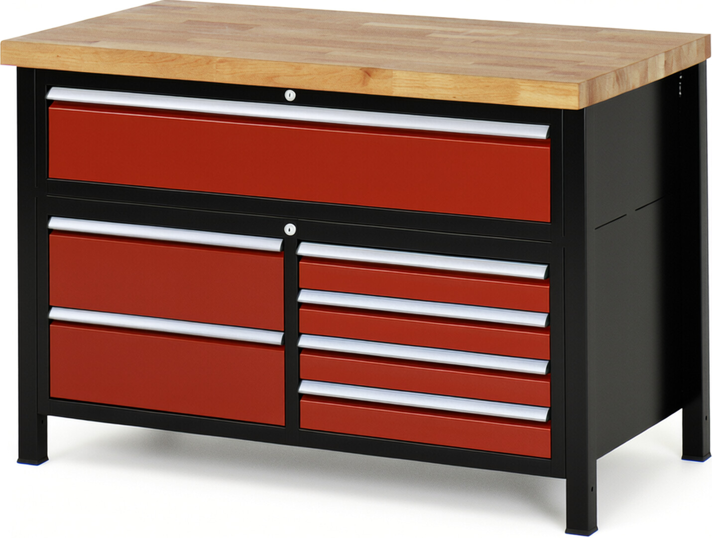 RAU Werkbank schwarz - rot - Breite 125 cm - Tiefe 70 cm - Höhe 104 cm - Buche-Massiv Arbeitsplatte 40 mm