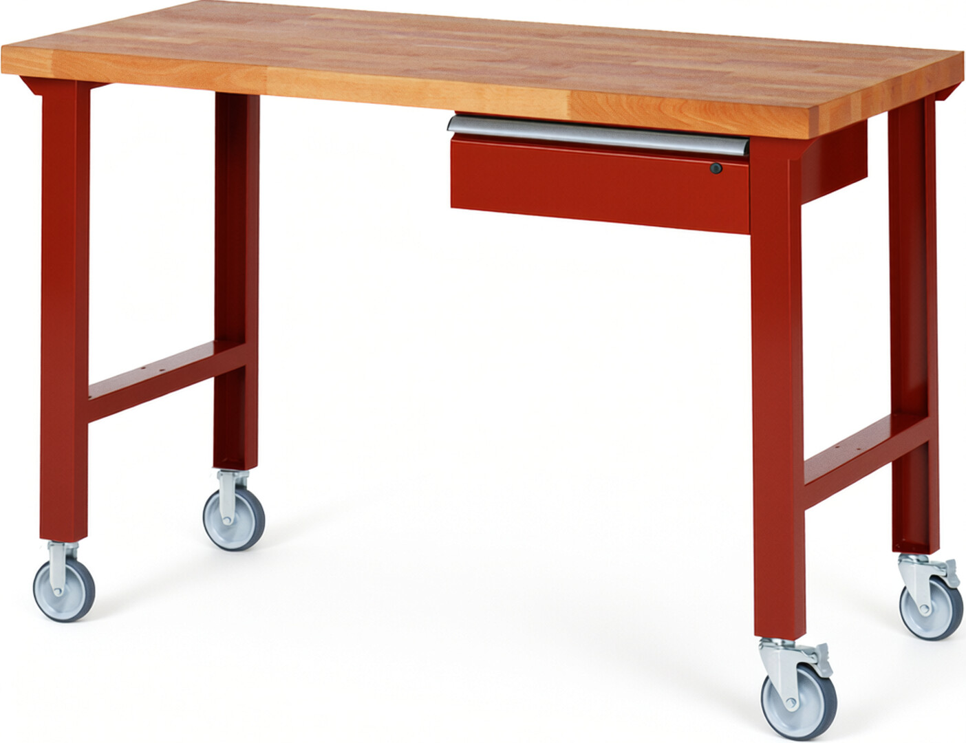 Fahrbare Werkbank Modell 7001 rot, BxTxH 1500x700x1000 mm,  Buche-Massiv Arbeitsplatte 40 mm,  1 Schublade mit  Auszug 90 %