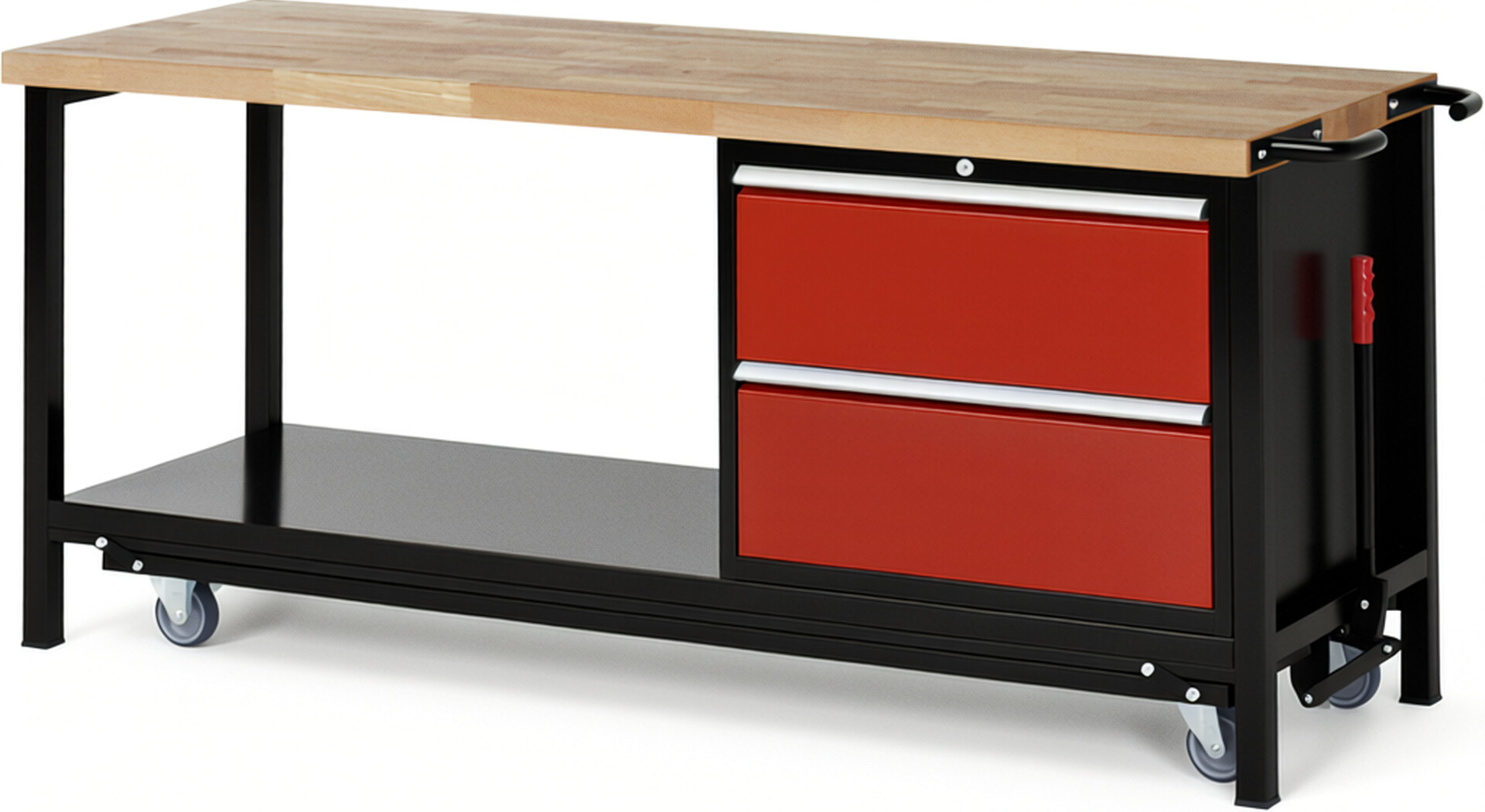 RAU Werkbank schwarz - rot - Breite 200 cm - Tiefe 70 cm - Höhe 88 cm - Buche-Massiv Arbeitsplatte 40 mm